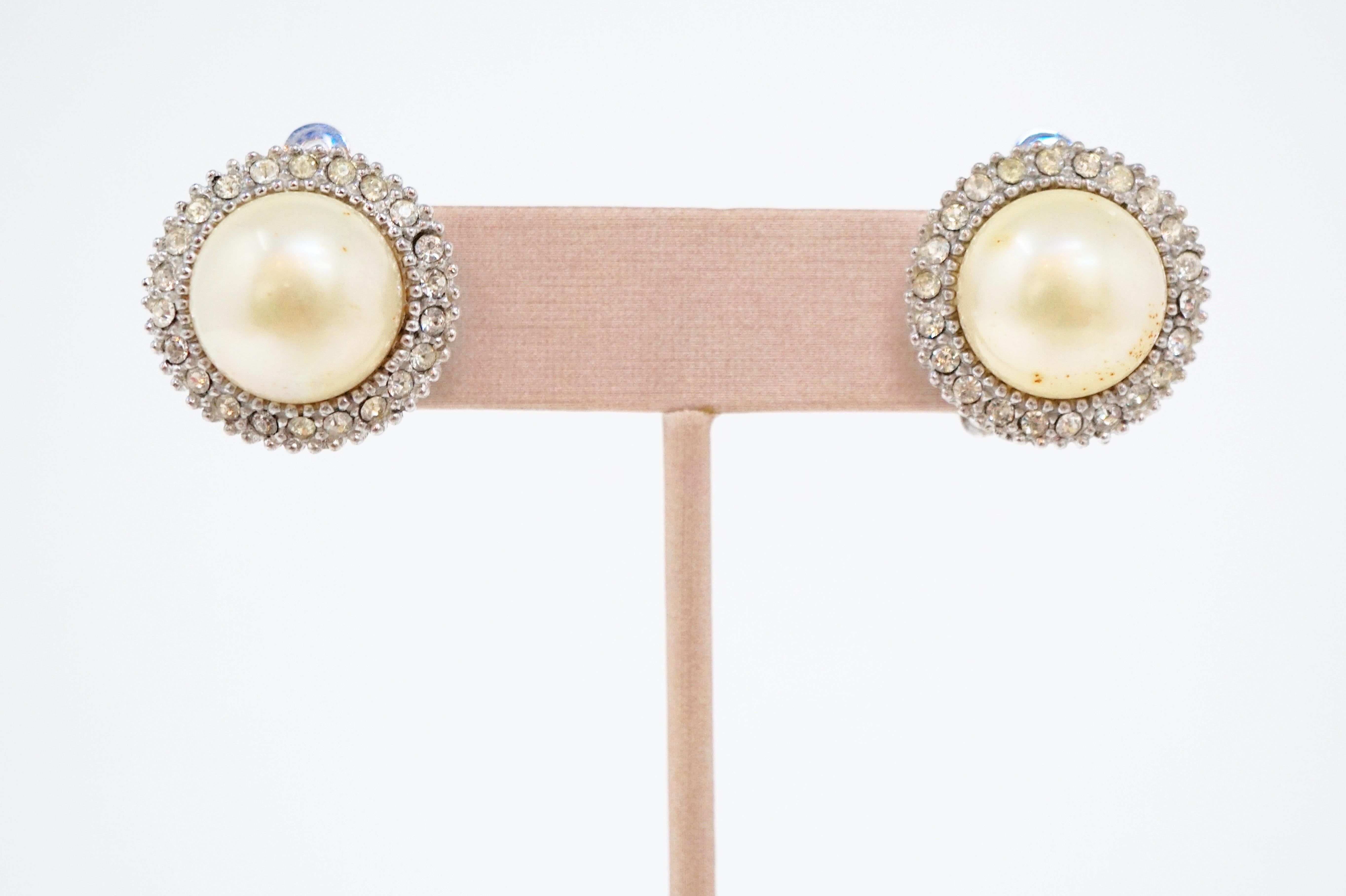 Vintage Ciner Pearl and Pavé Earrings, Signed For Sale 1