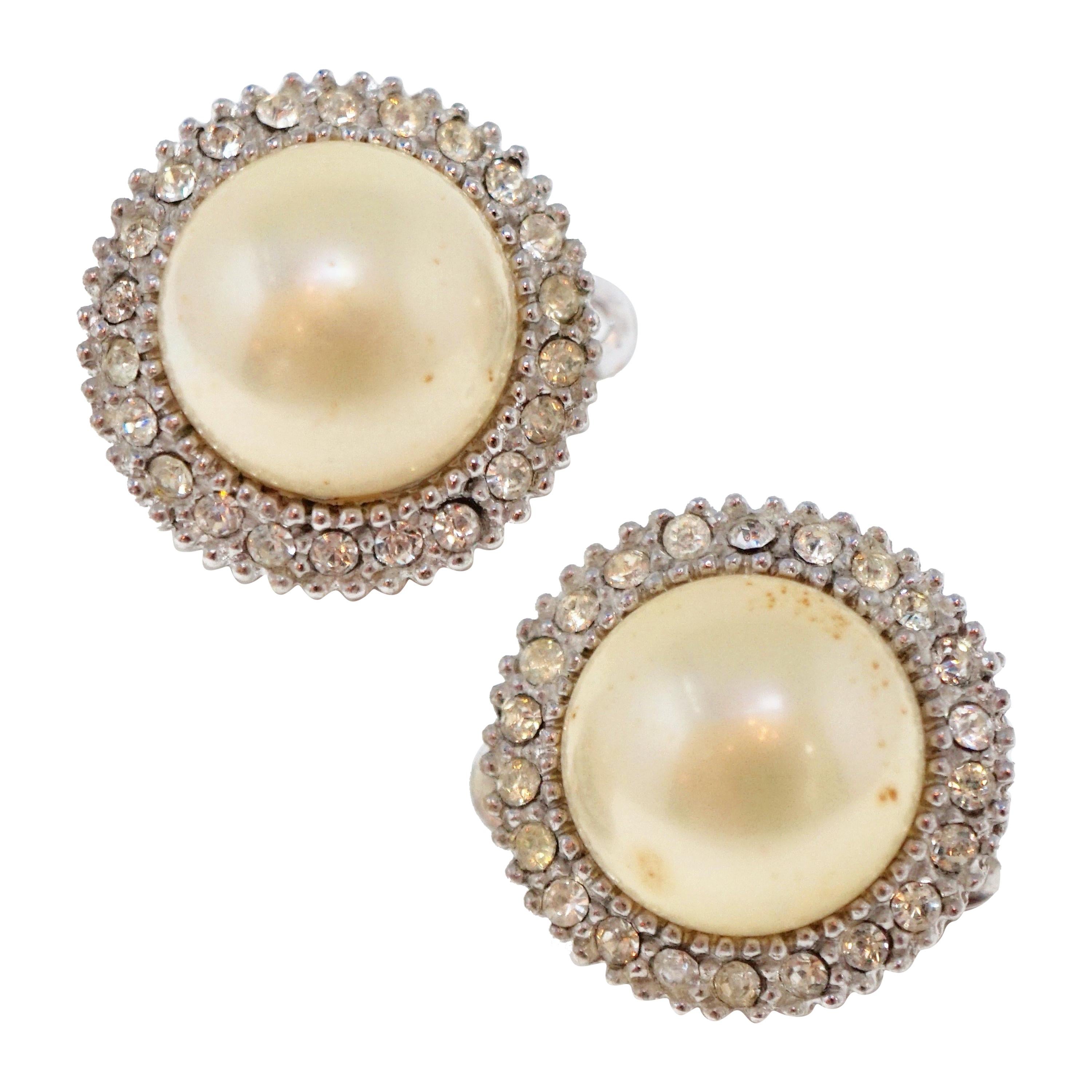 Vintage Ciner Pearl and Pavé Earrings, Signed For Sale