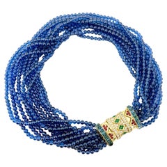 Vintage Ciner Sapphire Blue Glass Torsade Necklace with Crystal Rhinestone Clasp