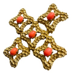 Vintage CINER firmado oro coral masivo cruz de malta broche de diseño colgante