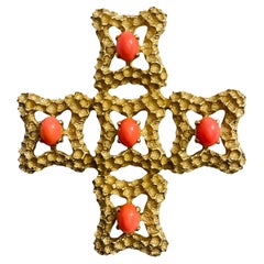Vintage CINER signed gold coral massive maltese cross designer brooch pendant