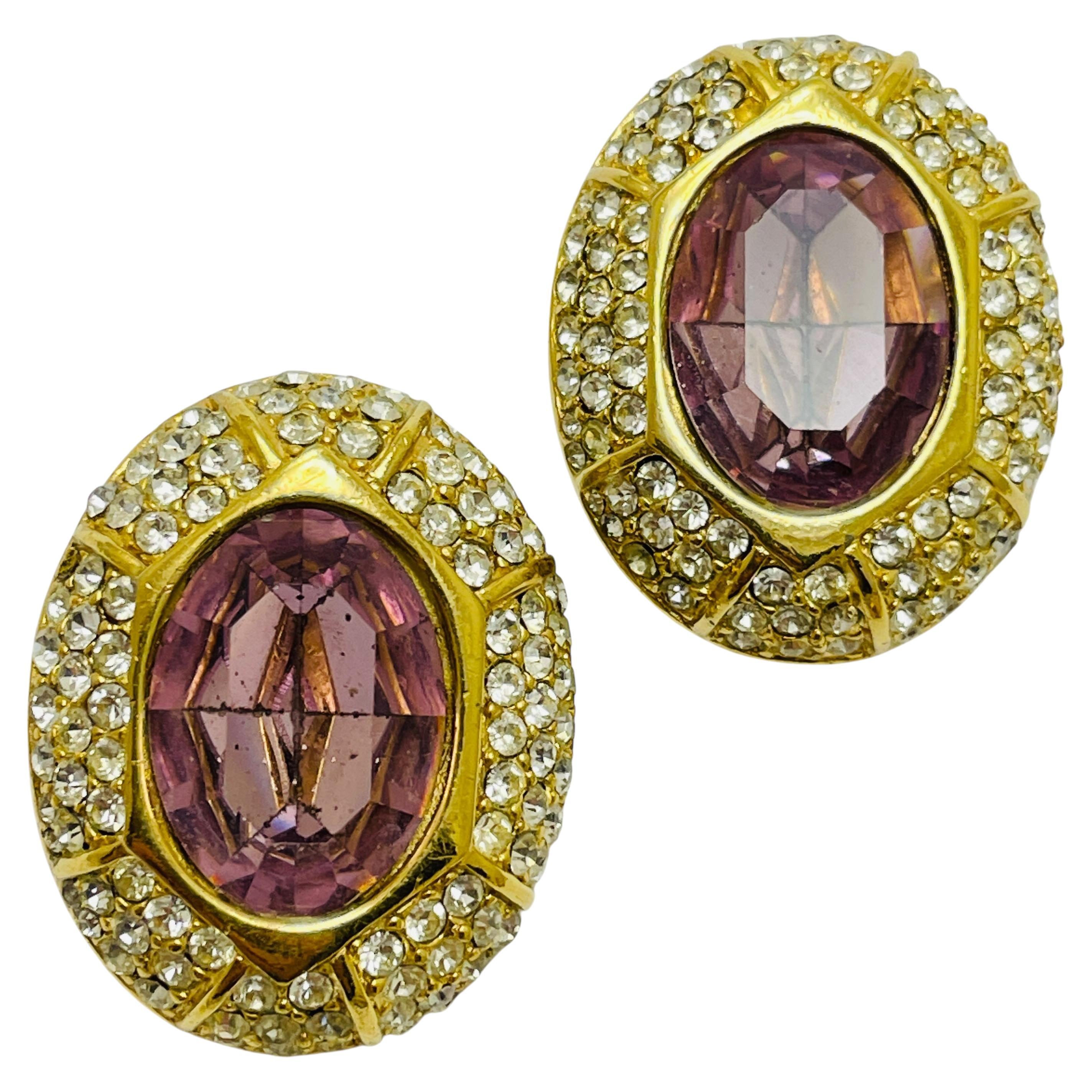 Vintage CINER signed gold tone amethyst glass designer runway clip on earrings For Sale