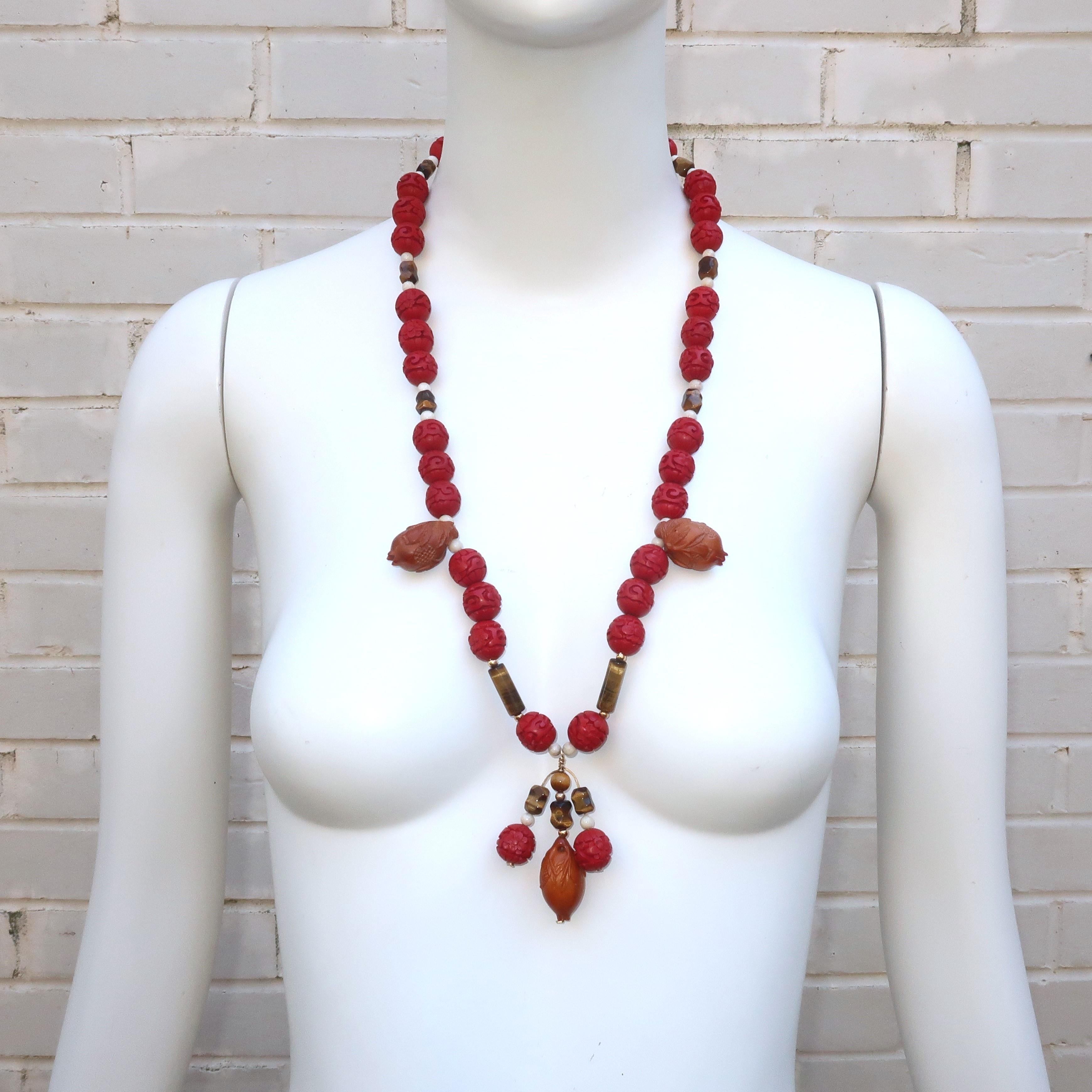 Vintage Cinnabar Bead Necklace With Tiger’s Eye & Carved Wood Lotus Buds 5