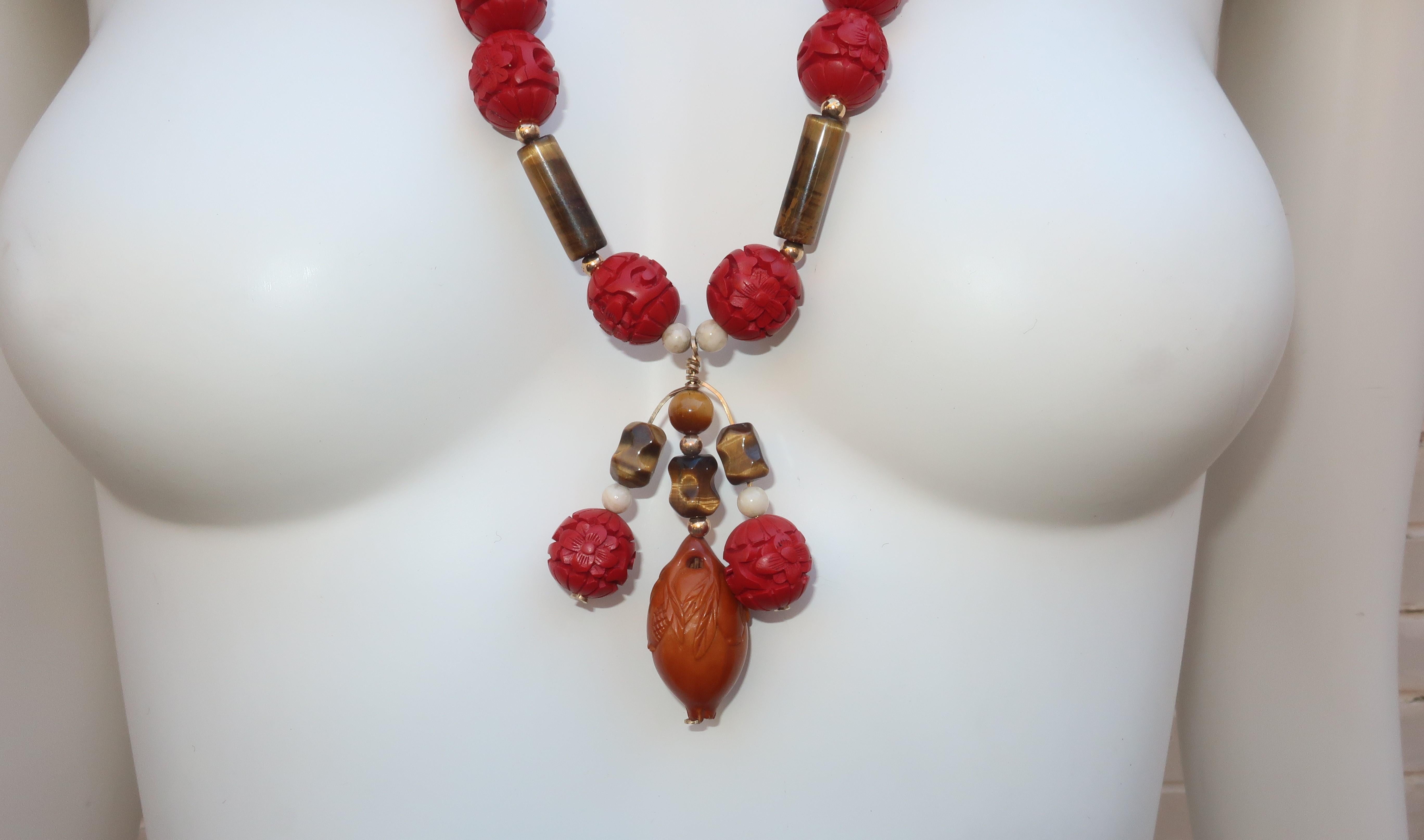 Vintage Cinnabar Bead Necklace With Tiger’s Eye & Carved Wood Lotus Buds 6