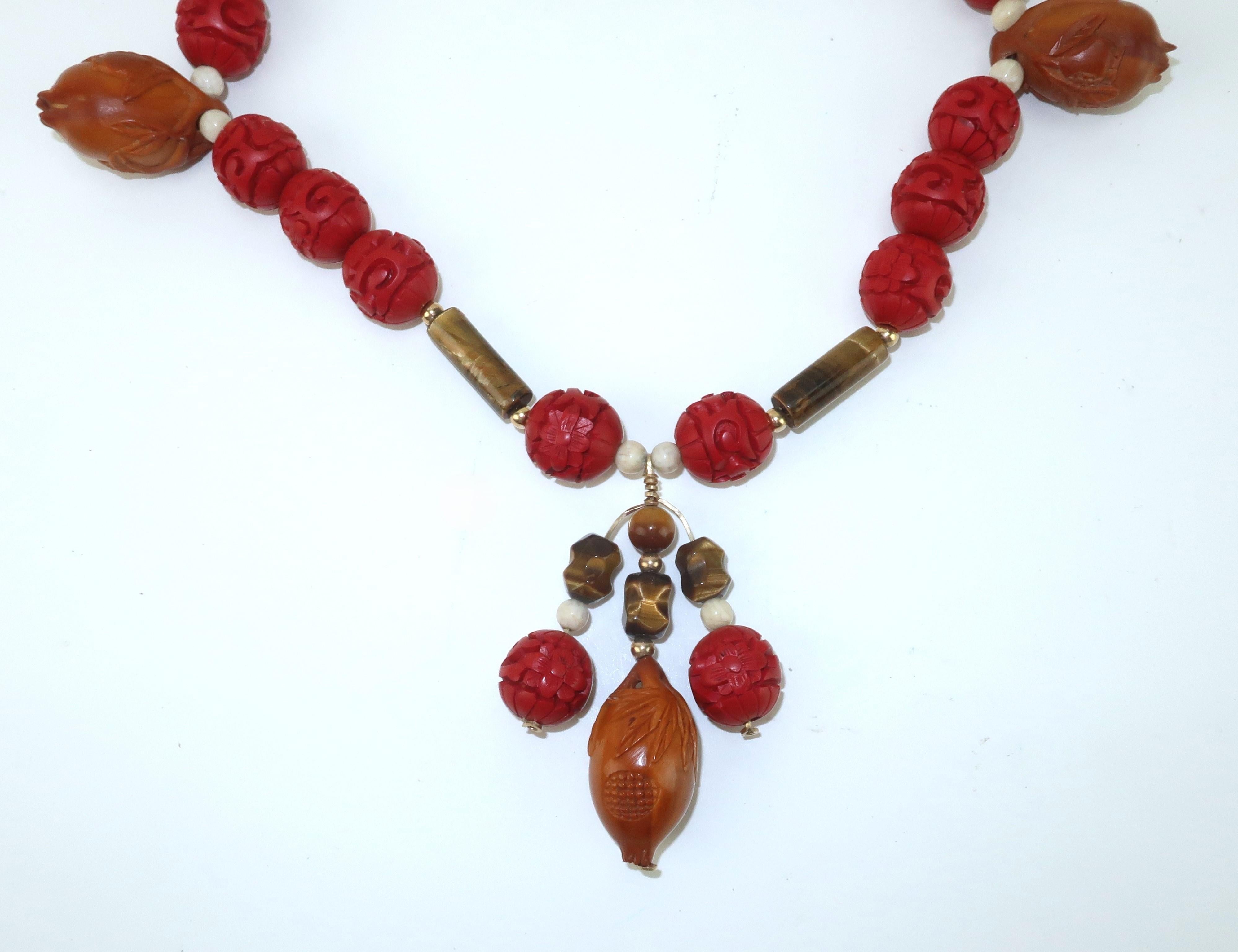 Artisan Vintage Cinnabar Bead Necklace With Tiger’s Eye & Carved Wood Lotus Buds