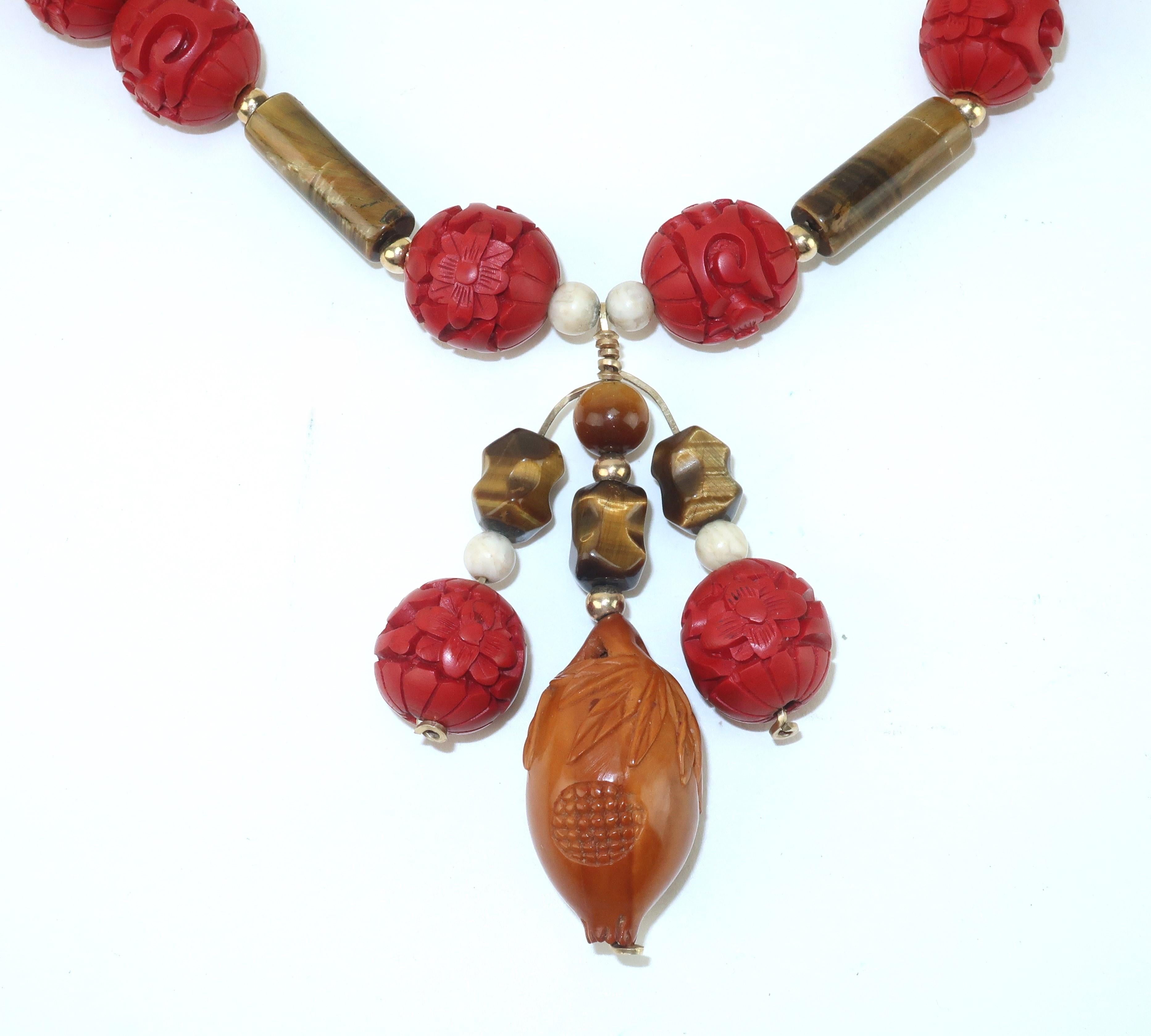 Vintage Cinnabar Bead Necklace With Tiger’s Eye & Carved Wood Lotus Buds In Good Condition In Atlanta, GA