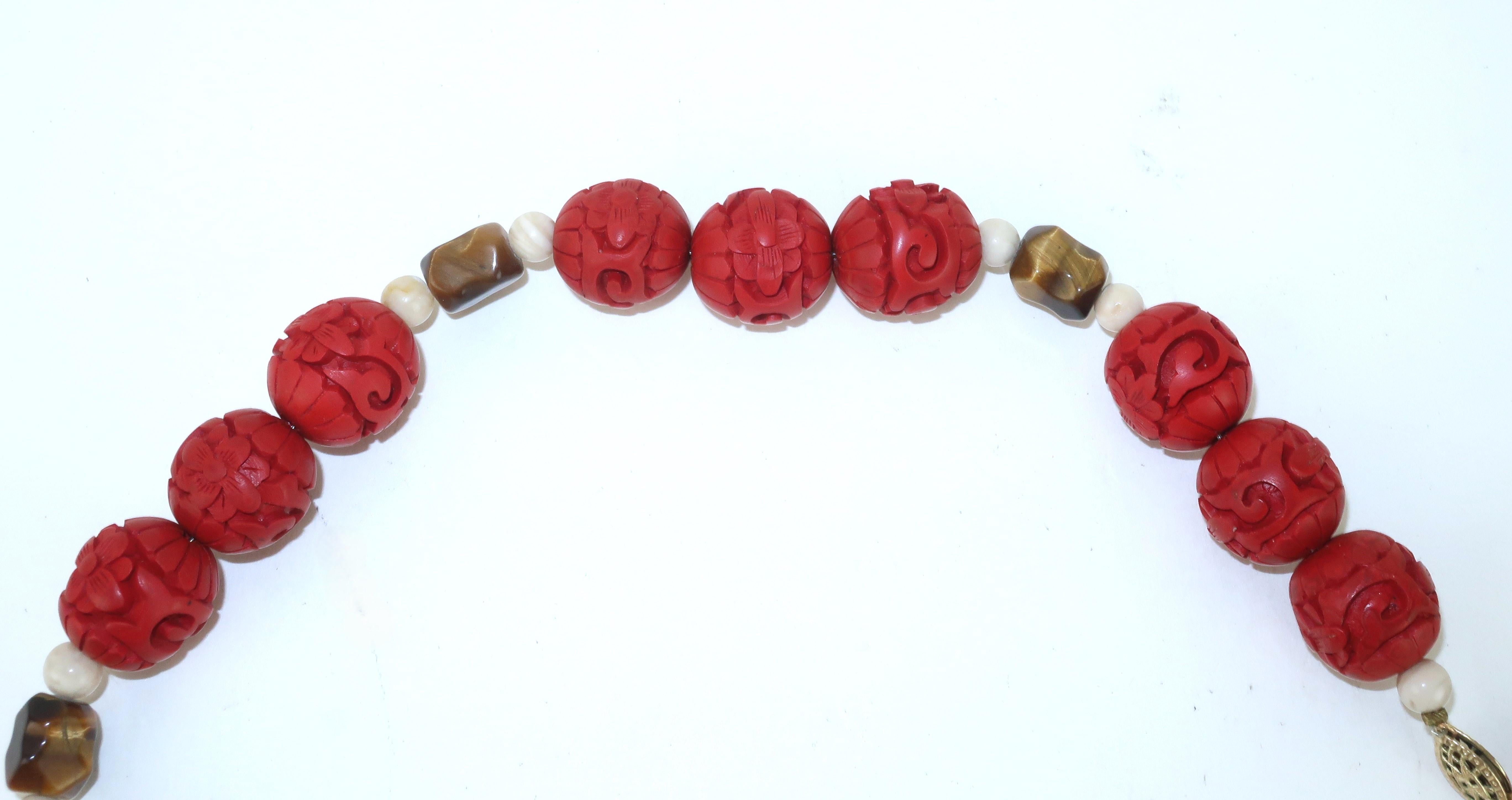 Women's Vintage Cinnabar Bead Necklace With Tiger’s Eye & Carved Wood Lotus Buds