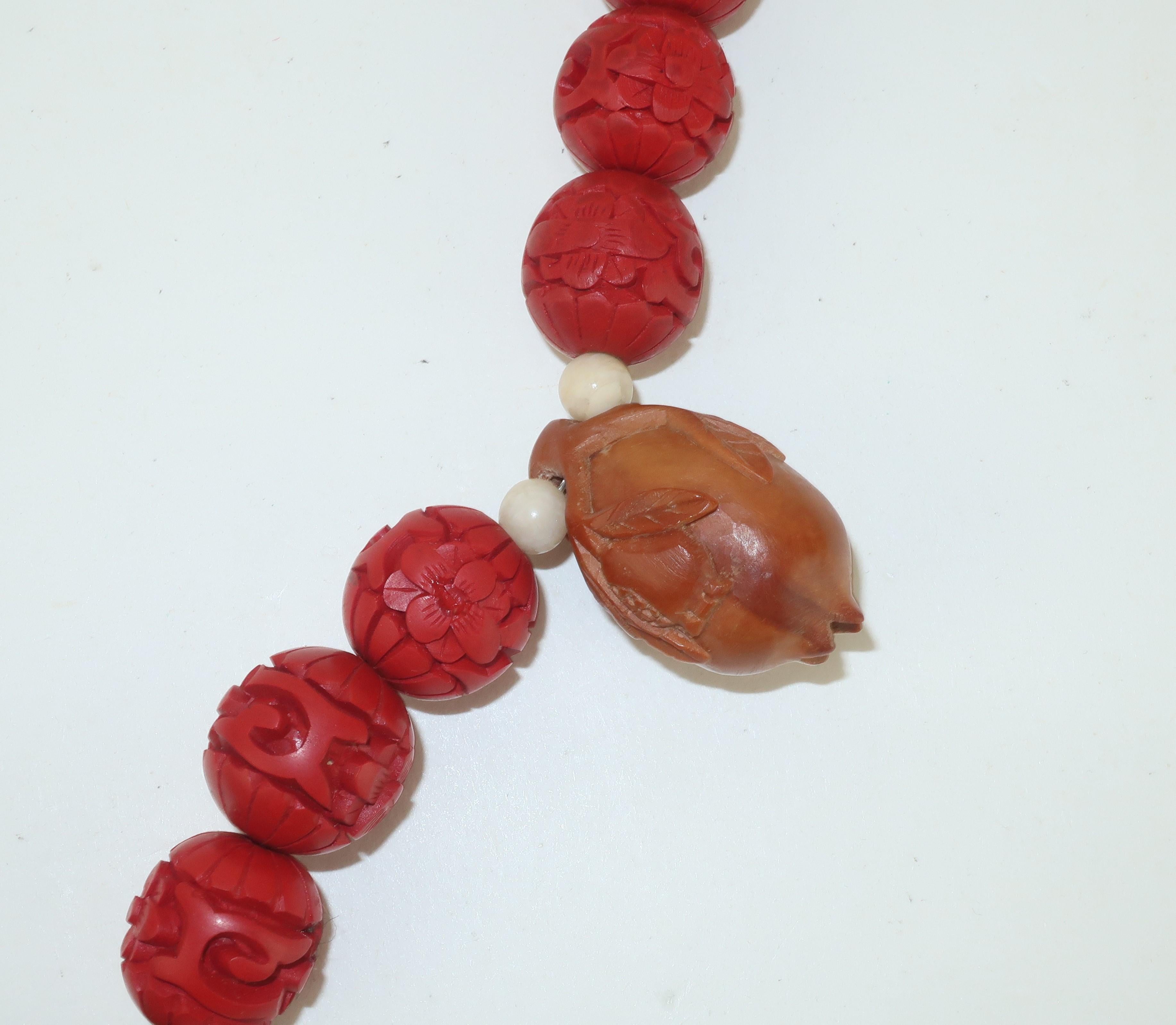 Vintage Cinnabar Bead Necklace With Tiger’s Eye & Carved Wood Lotus Buds 1