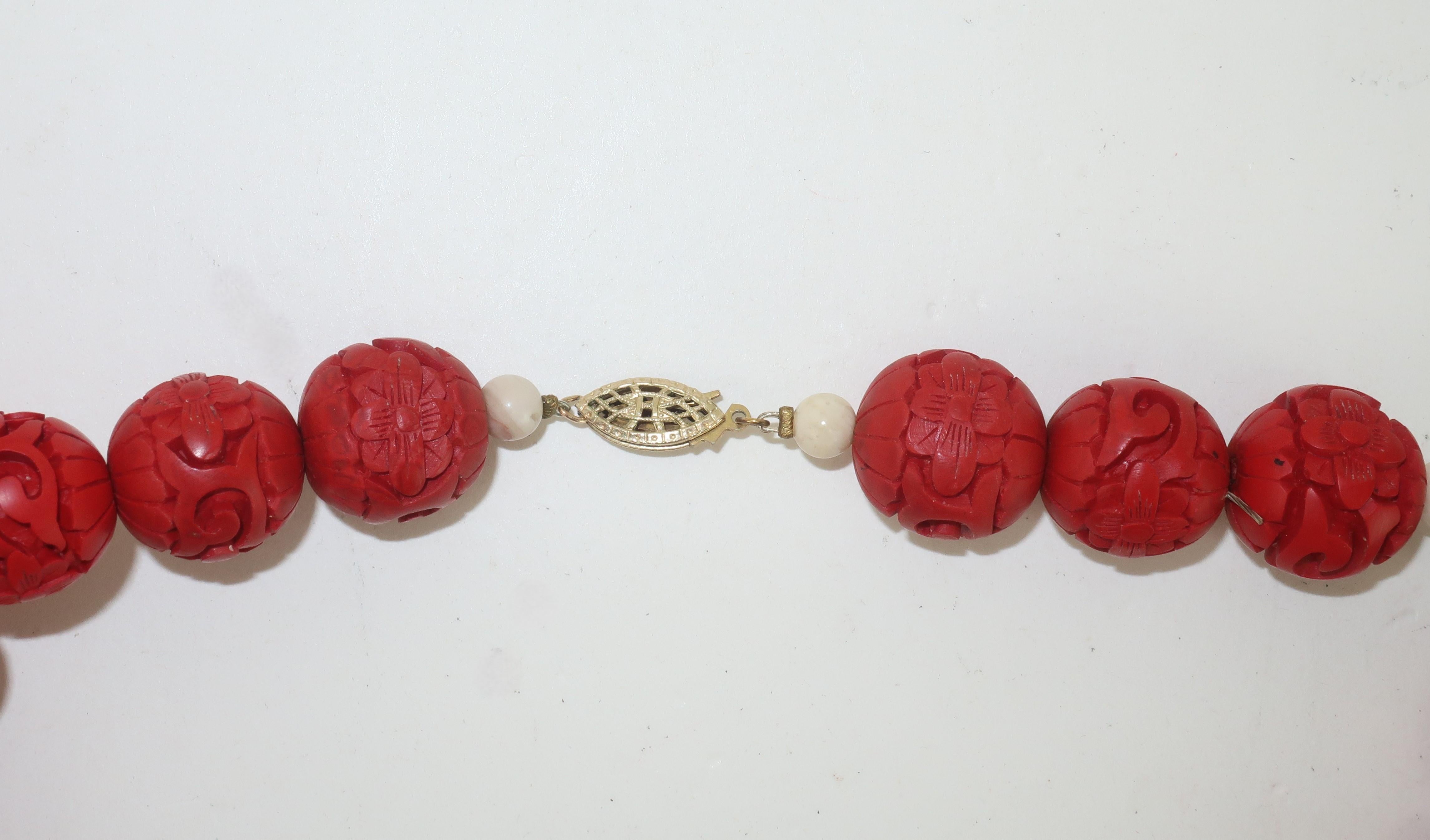 Vintage Cinnabar Bead Necklace With Tiger’s Eye & Carved Wood Lotus Buds 2