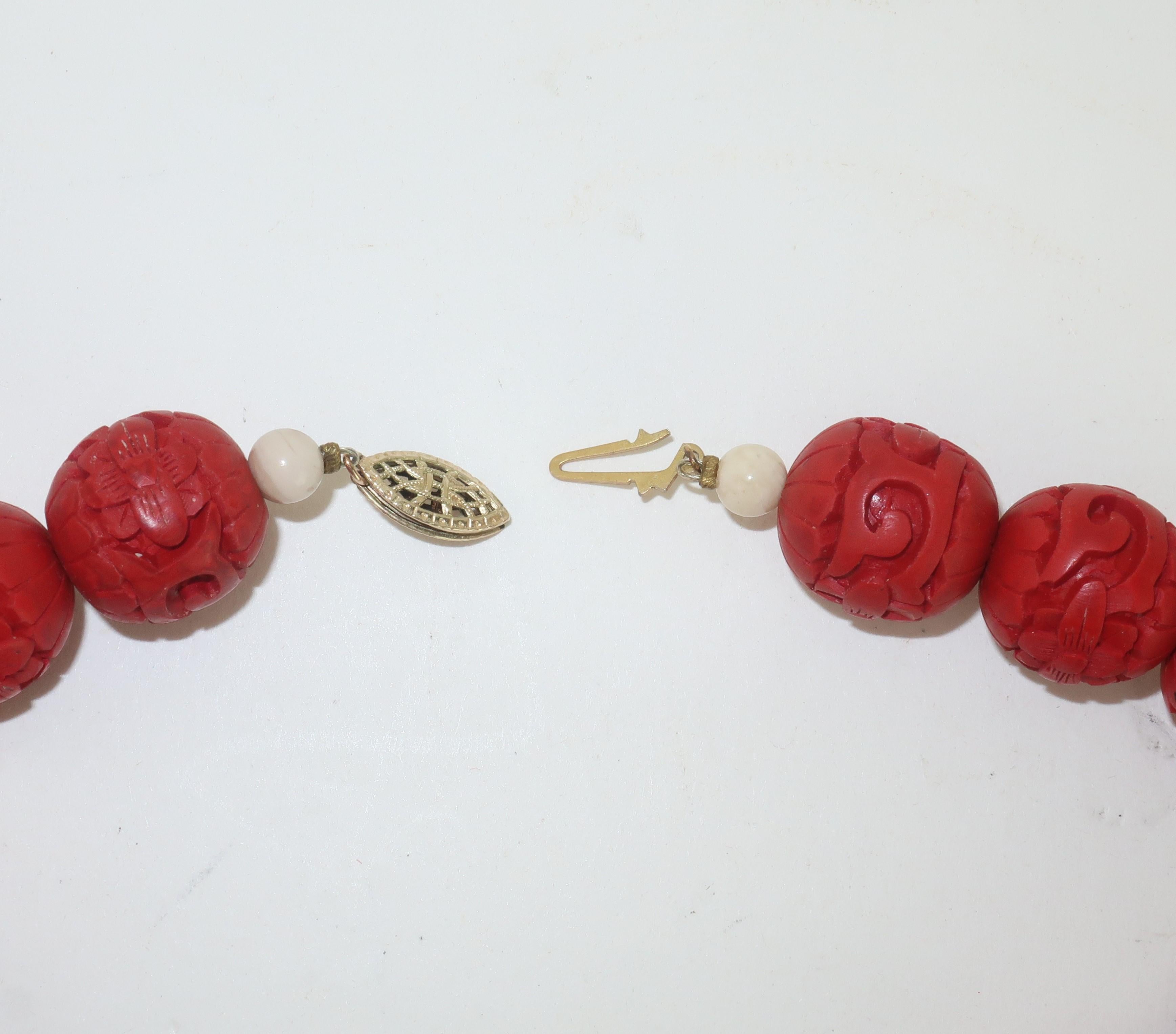 Vintage Cinnabar Bead Necklace With Tiger’s Eye & Carved Wood Lotus Buds 3
