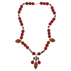 Vintage Cinnabar Bead Necklace With Tiger’s Eye & Carved Wood Lotus Buds