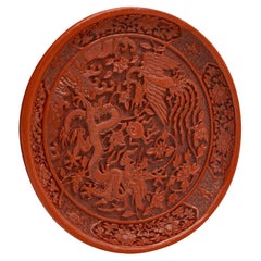 Dekoschale aus Cinnabar, chinesisch, Relief geschnitzt, Vitrinenteller, Drache