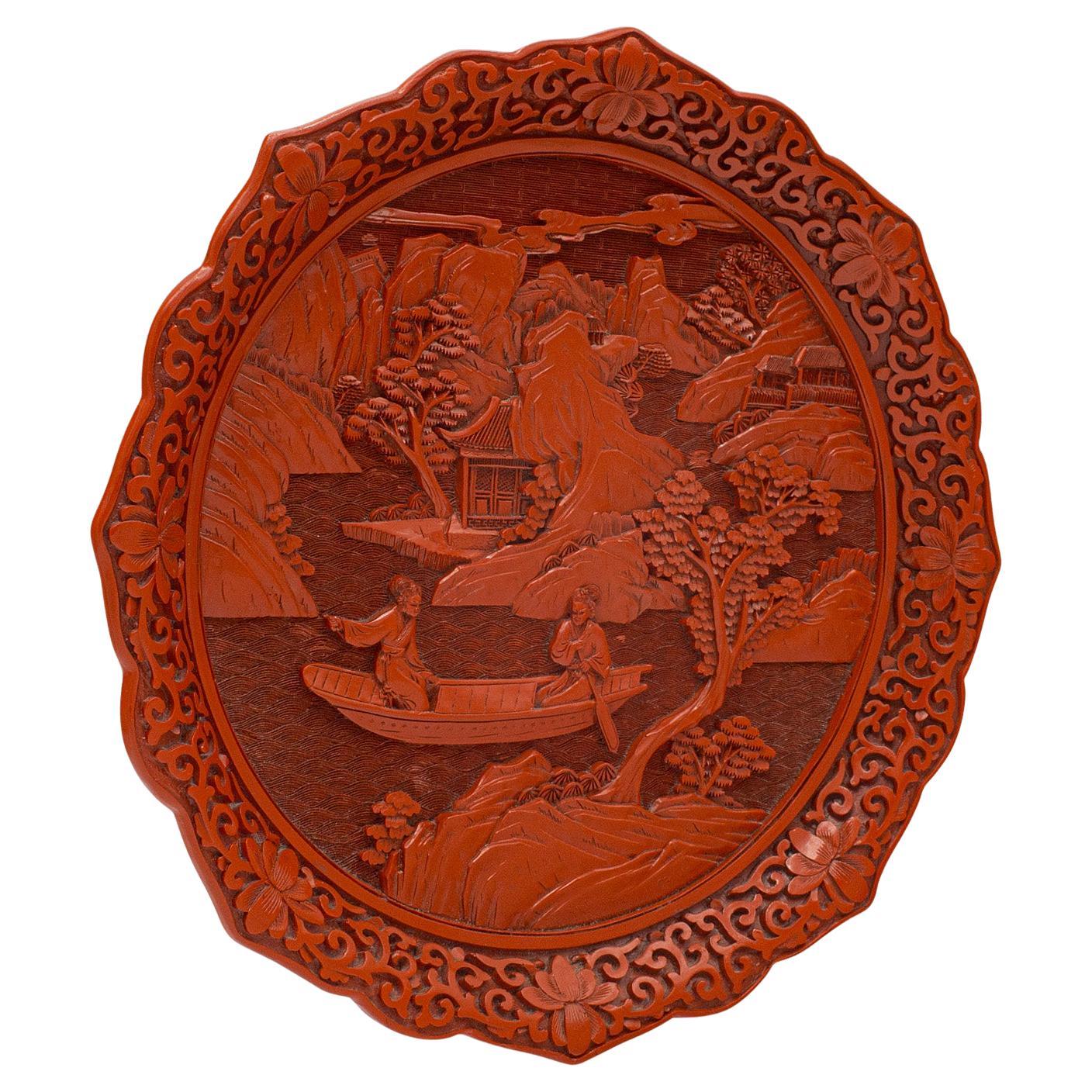Vintage Cinnabar Display Plate, Chinese, Decorative Serving Dish, Oriental Taste For Sale