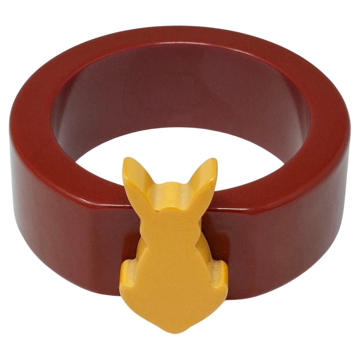 Vintage Cinnamon Bakelite Bangle with Mustard Yellow Rabbit