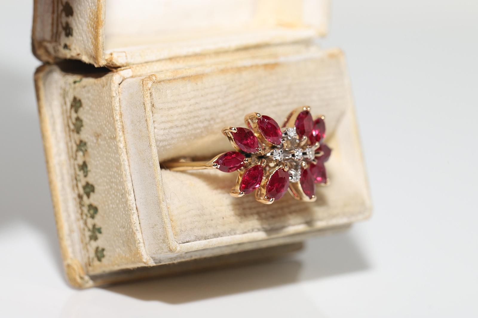 Retro Vintage Circa 14k Gold Natural Diamond And Ruby Decorated Ring  For Sale