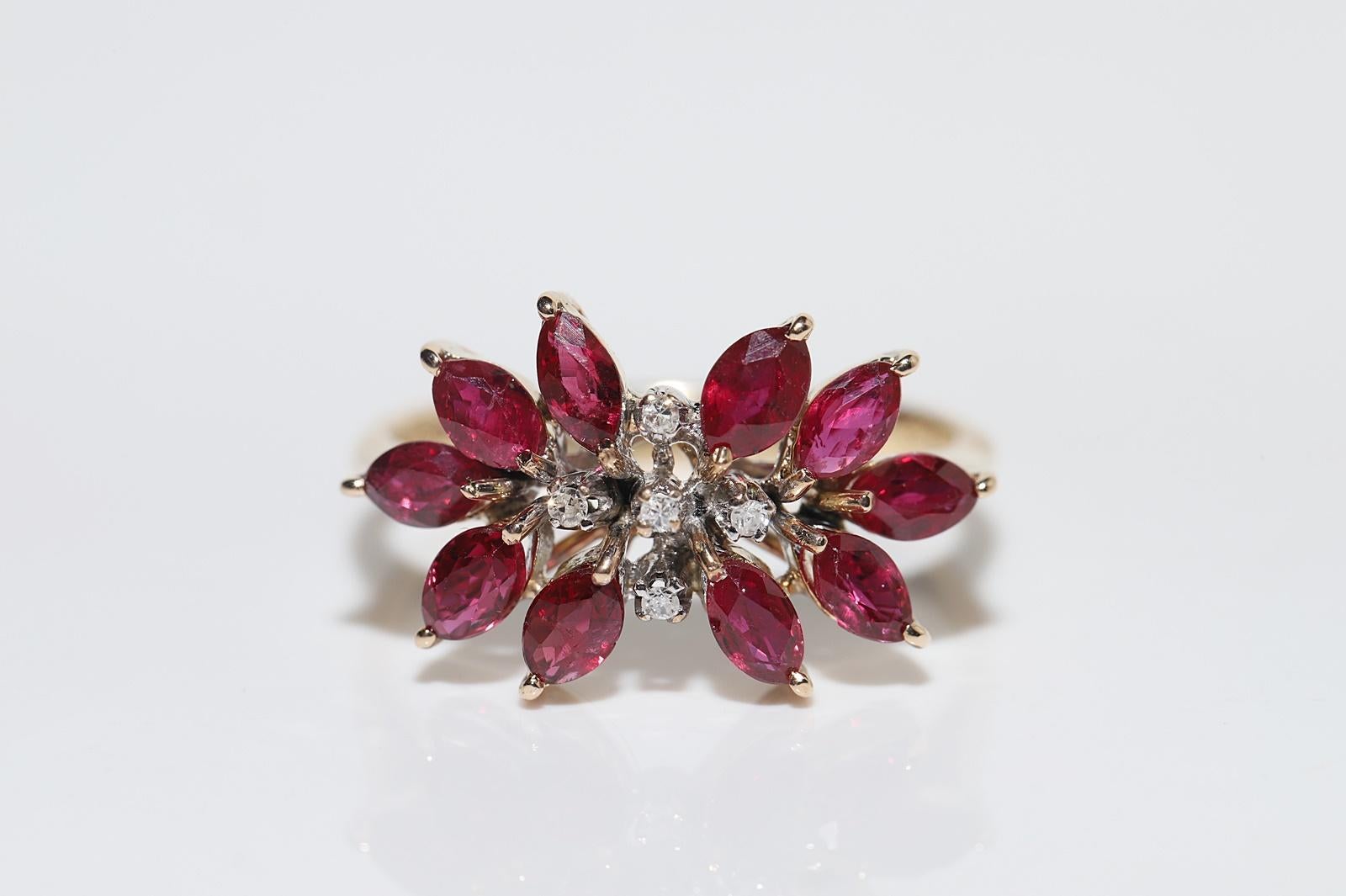 Single Cut Vintage Circa 14k Gold Natural Diamond And Ruby Decorated Ring  For Sale
