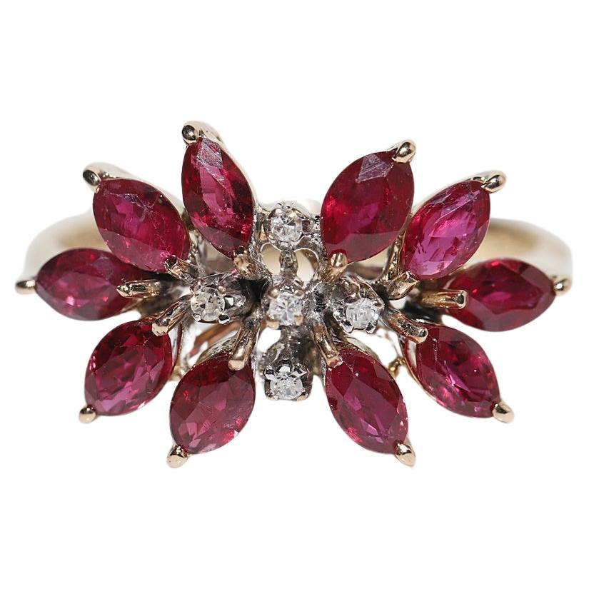 Vintage Circa 14k Gold Natural Diamond And Ruby Decorated Ring  For Sale