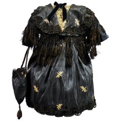 Vintage Circa 1860 Black Silk Moiré Embroidered Dress for Doll