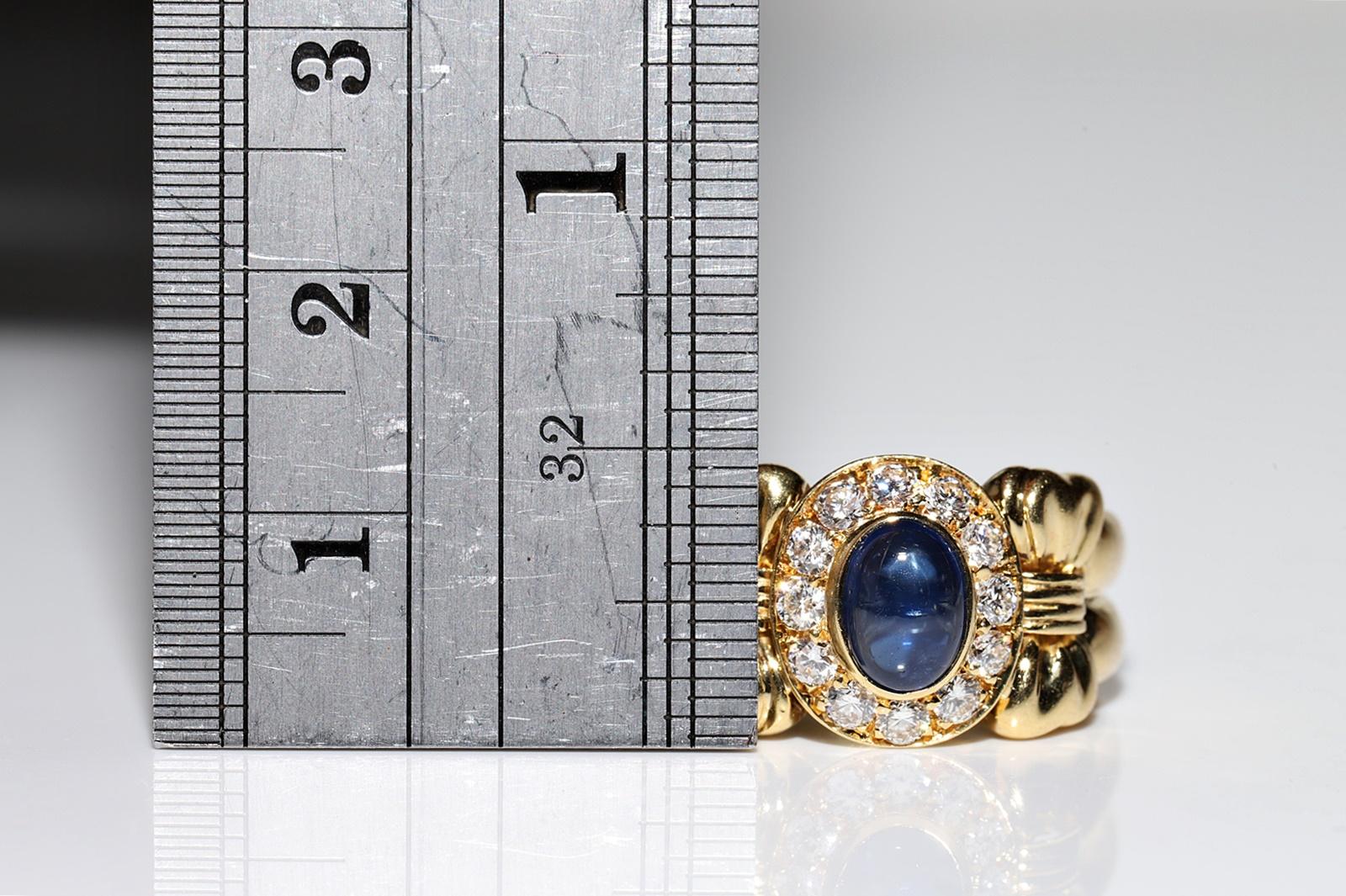 Vintage Circa 18k Gold  1980er Jahre Ring mit natürlichem Diamant und Cabochon-Saphir  im Angebot 1