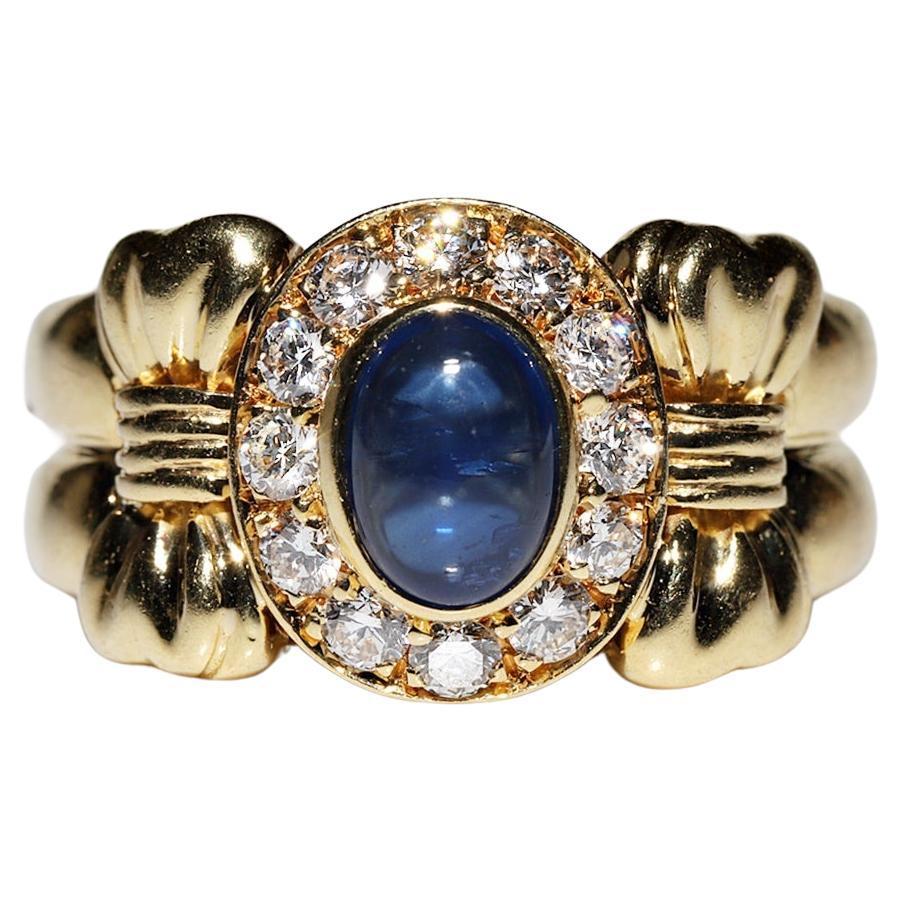Vintage Circa 18k Gold  1980s Natural Diamond And Cabochon Sapphire Ring  For Sale