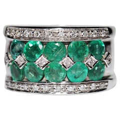 Vintage Circa 1990s 18k Gold Natural Diamond And Emerald  Strong Ring 