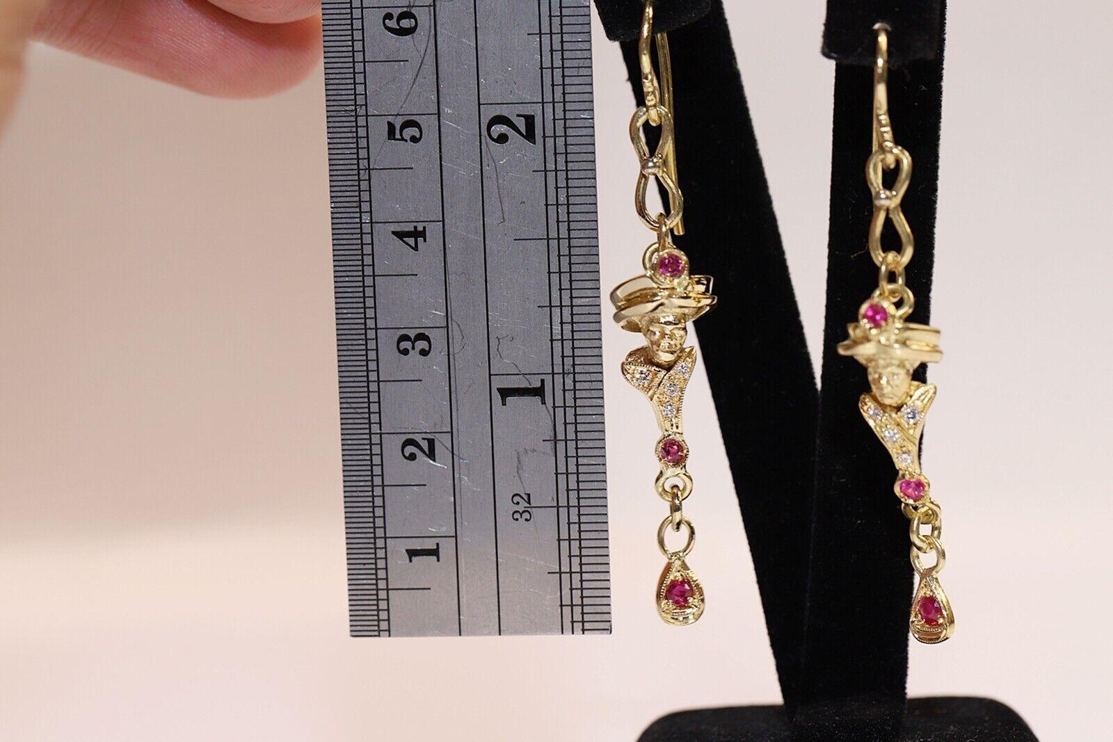 Vintage Circa 18k Gold Natural Diamond And Ruby Decorated Drop Earring For Sale 4