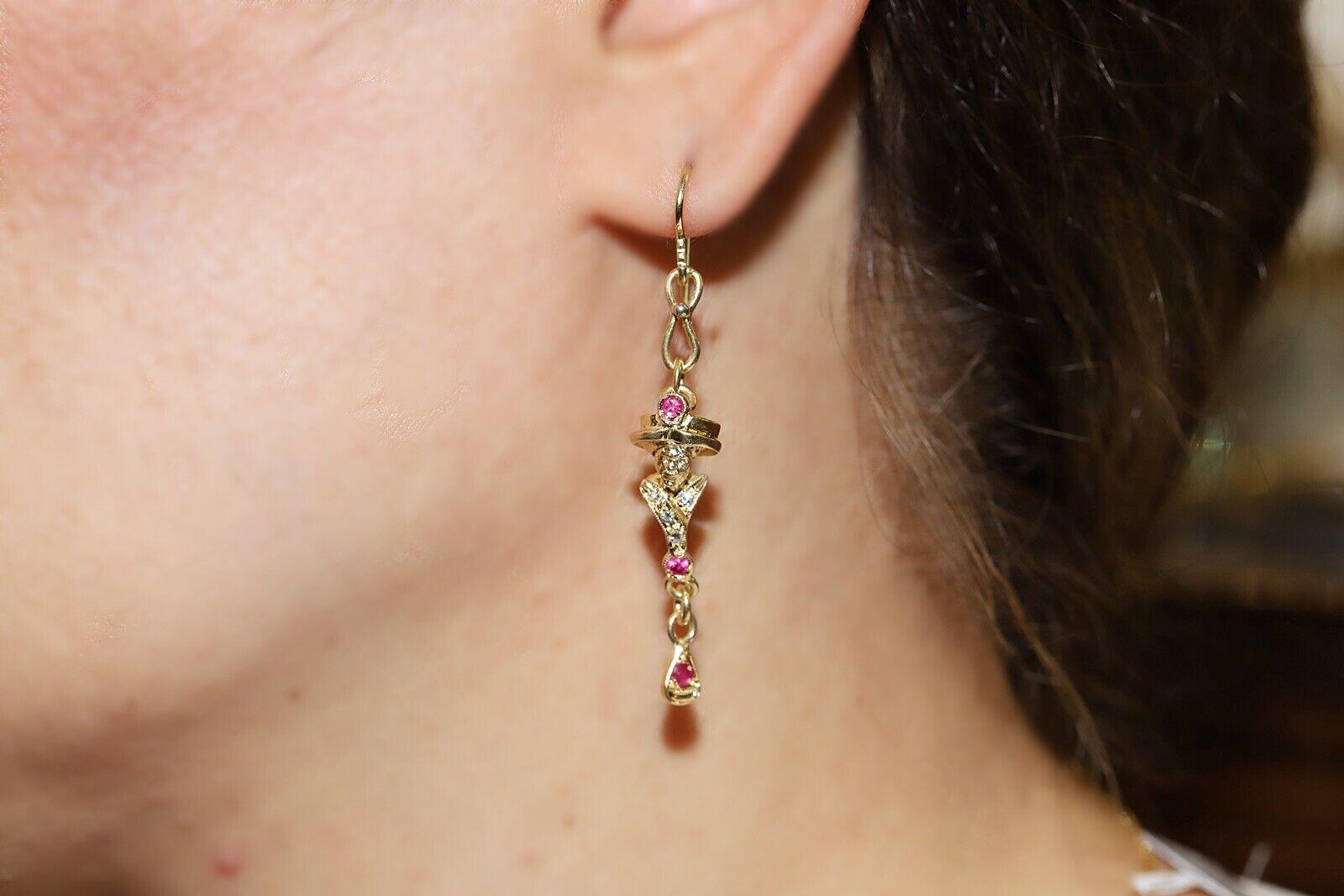 Women's Vintage Circa 18k Gold Natural Diamond And Ruby Decorated Drop Earring For Sale