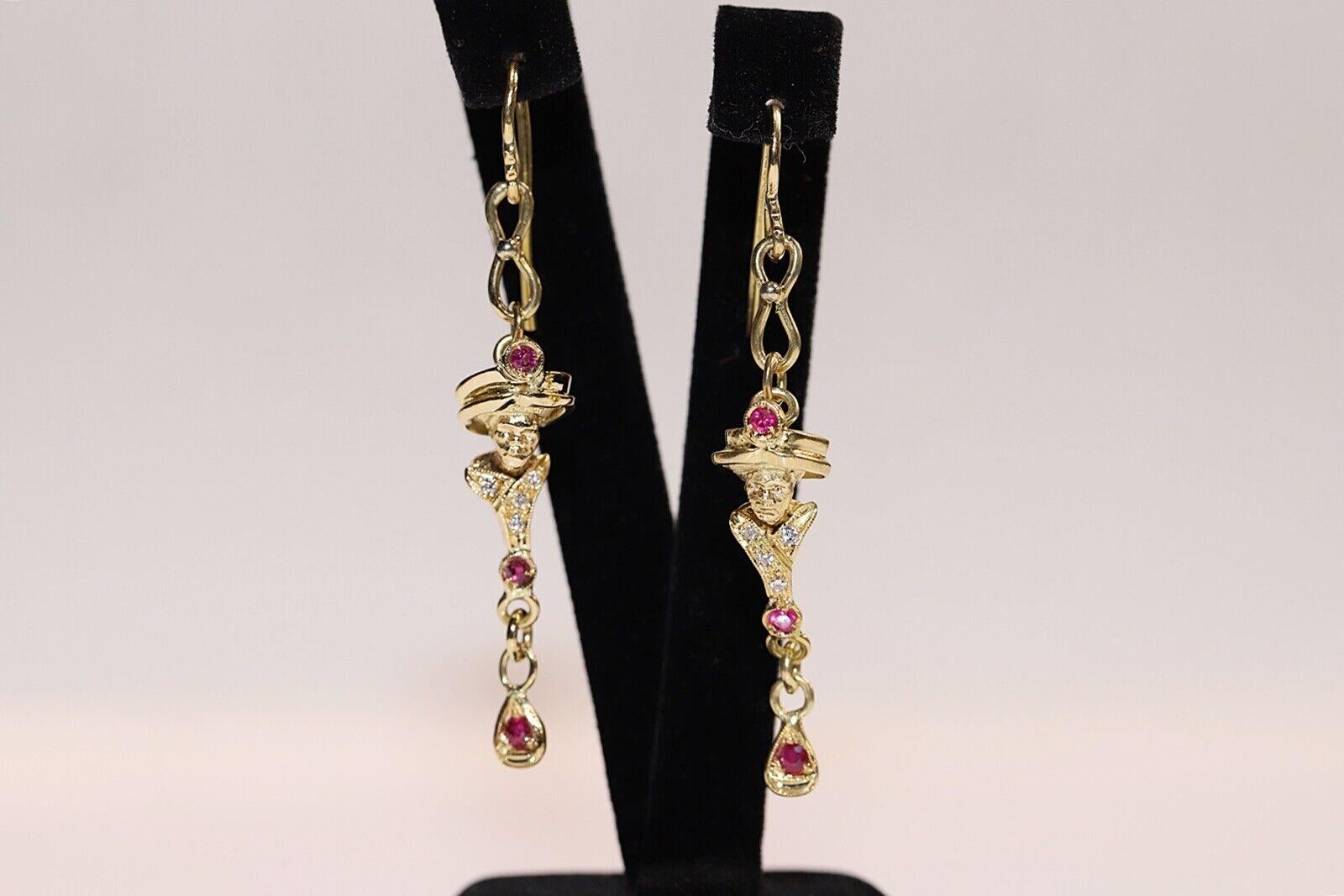 Vintage Circa 18k Gold Natural Diamond And Ruby Decorated Drop Earring For Sale 3