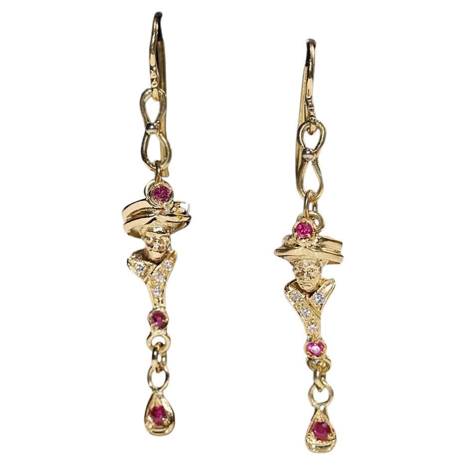Vintage Circa 18k Gold Natural Diamond And Ruby Decorated Drop Earring For Sale