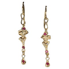 Retro Circa 18k Gold Natural Diamond And Ruby Decorated Drop Earring