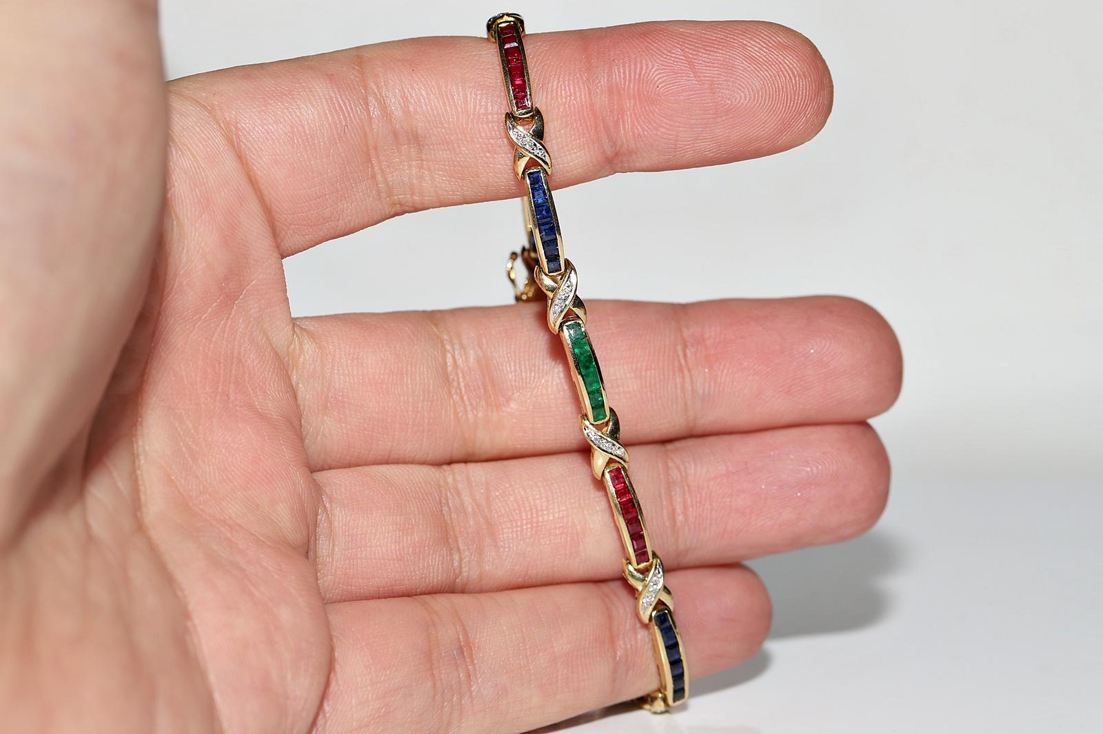 Vintage Circa 18k Gold Natural Diamond And Ruby Sapphire And Emerald Bracelet  For Sale 4