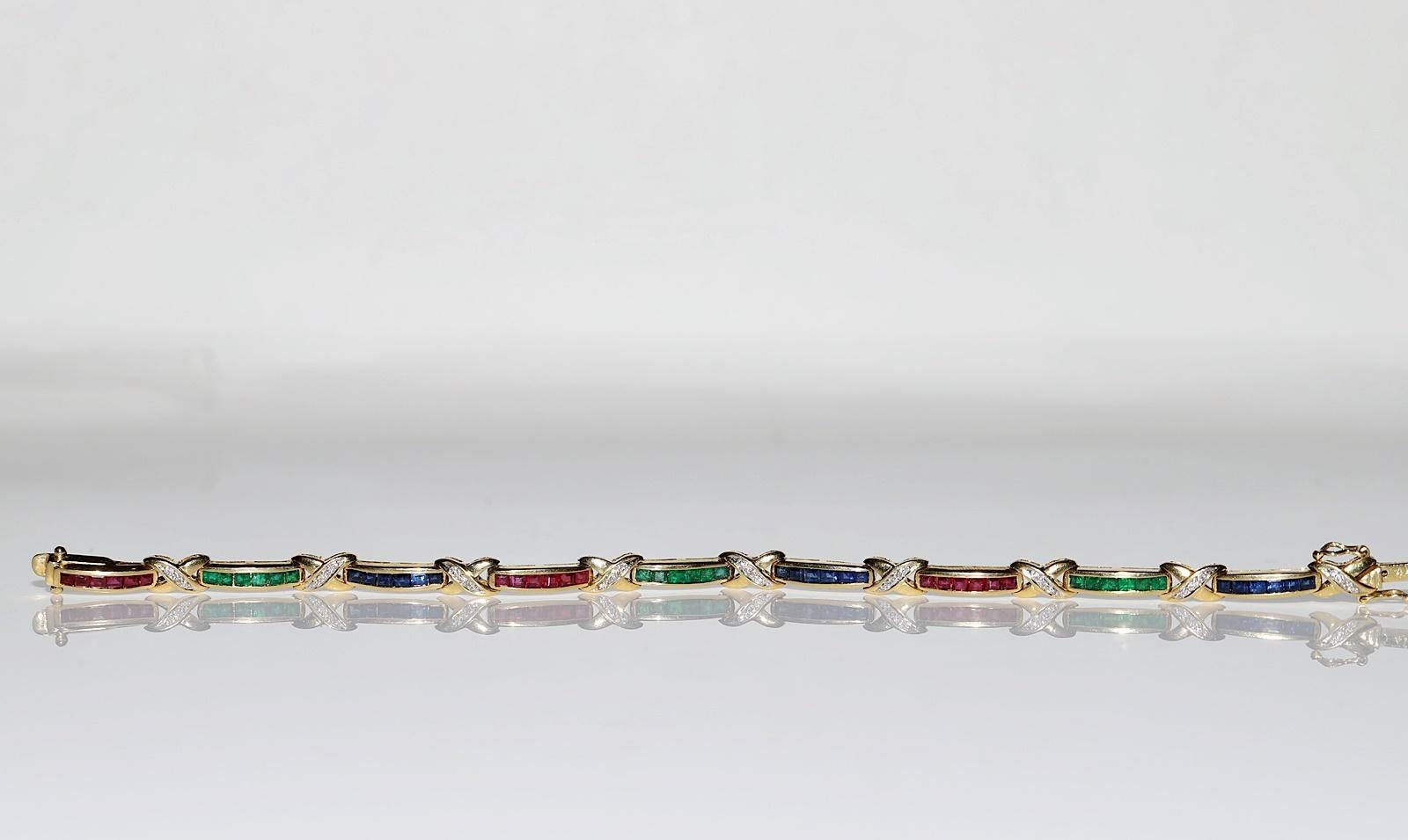 Vintage Circa 18k Gold Natural Diamond And Ruby Sapphire And Emerald Bracelet  For Sale 5