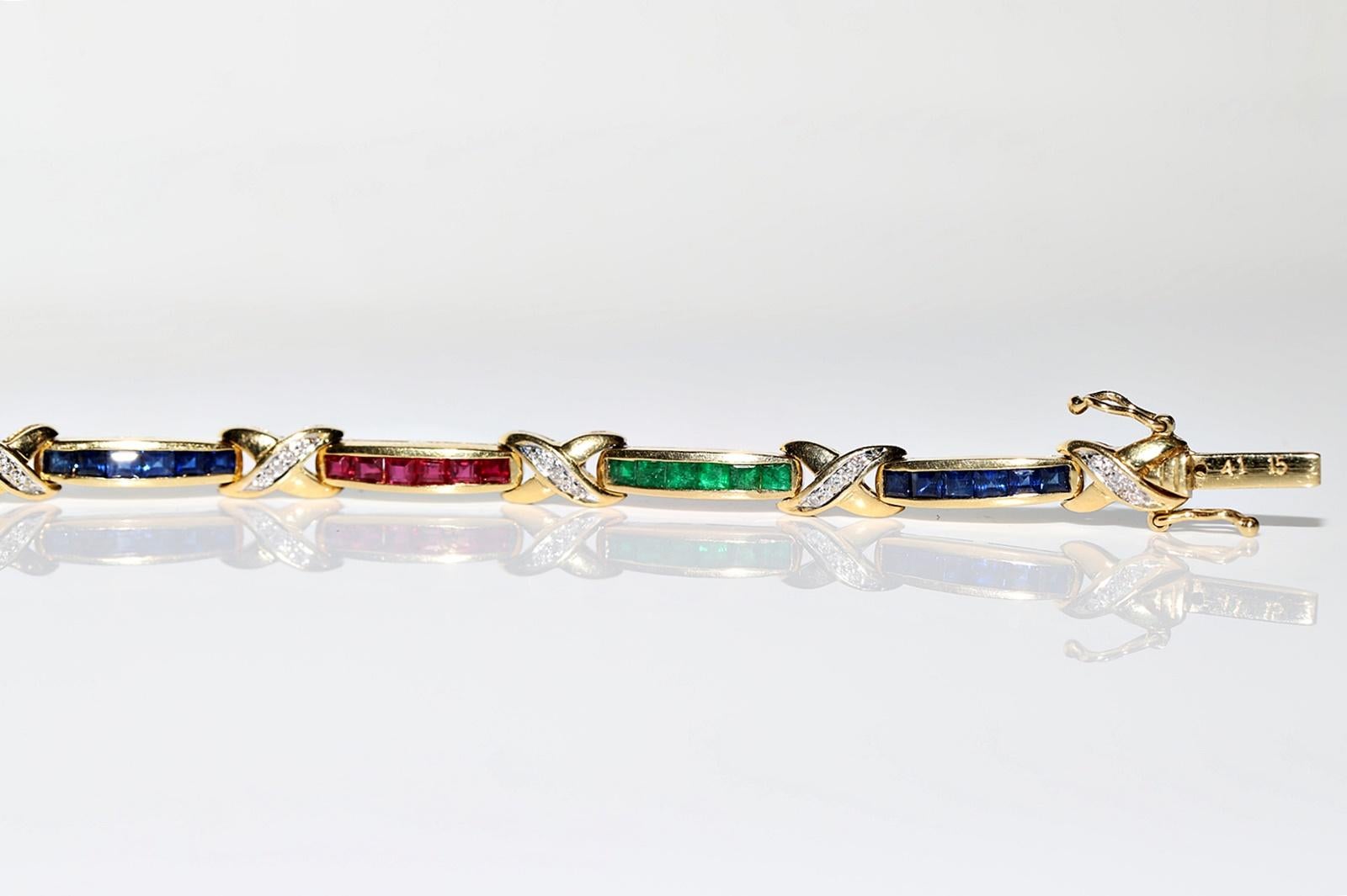 Vintage Circa 18k Gold Natural Diamond And Ruby Sapphire And Emerald Bracelet  For Sale 6