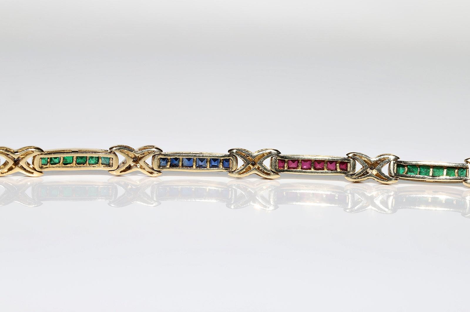 Vintage Circa 18k Gold Natural Diamond And Ruby Sapphire And Emerald Bracelet  For Sale 9