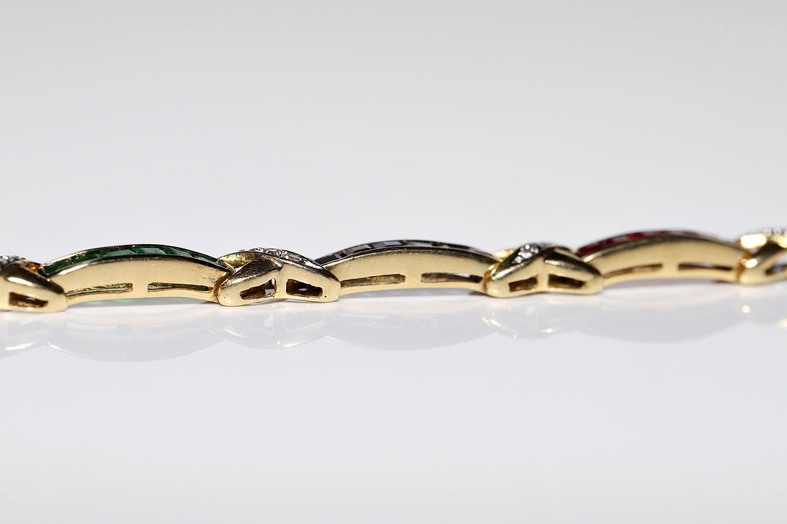 Vintage Circa 18k Gold Natural Diamond And Ruby Sapphire And Emerald Bracelet  For Sale 10