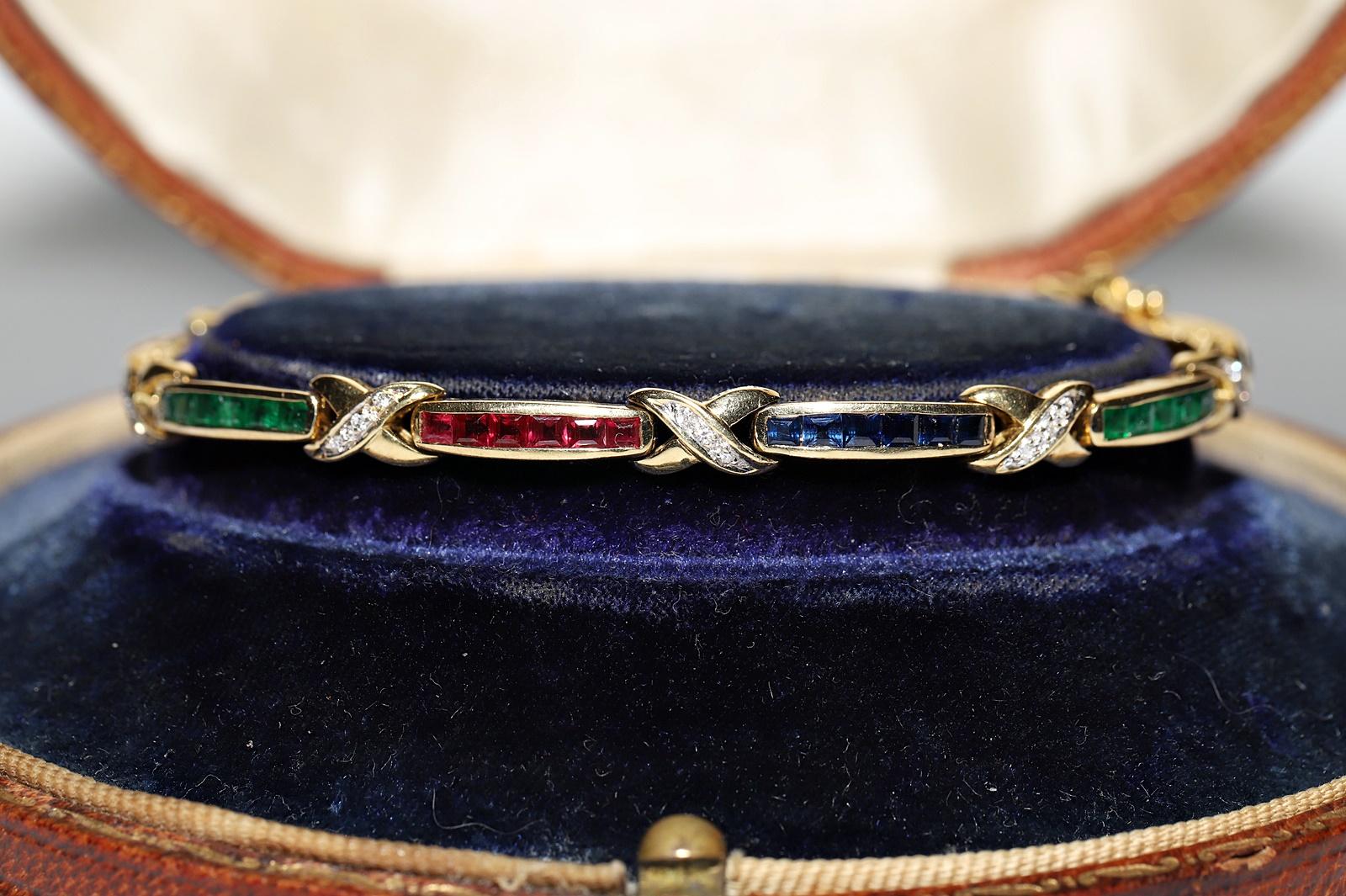 Retro Vintage Circa 18k Gold Natural Diamond And Ruby Sapphire And Emerald Bracelet  For Sale