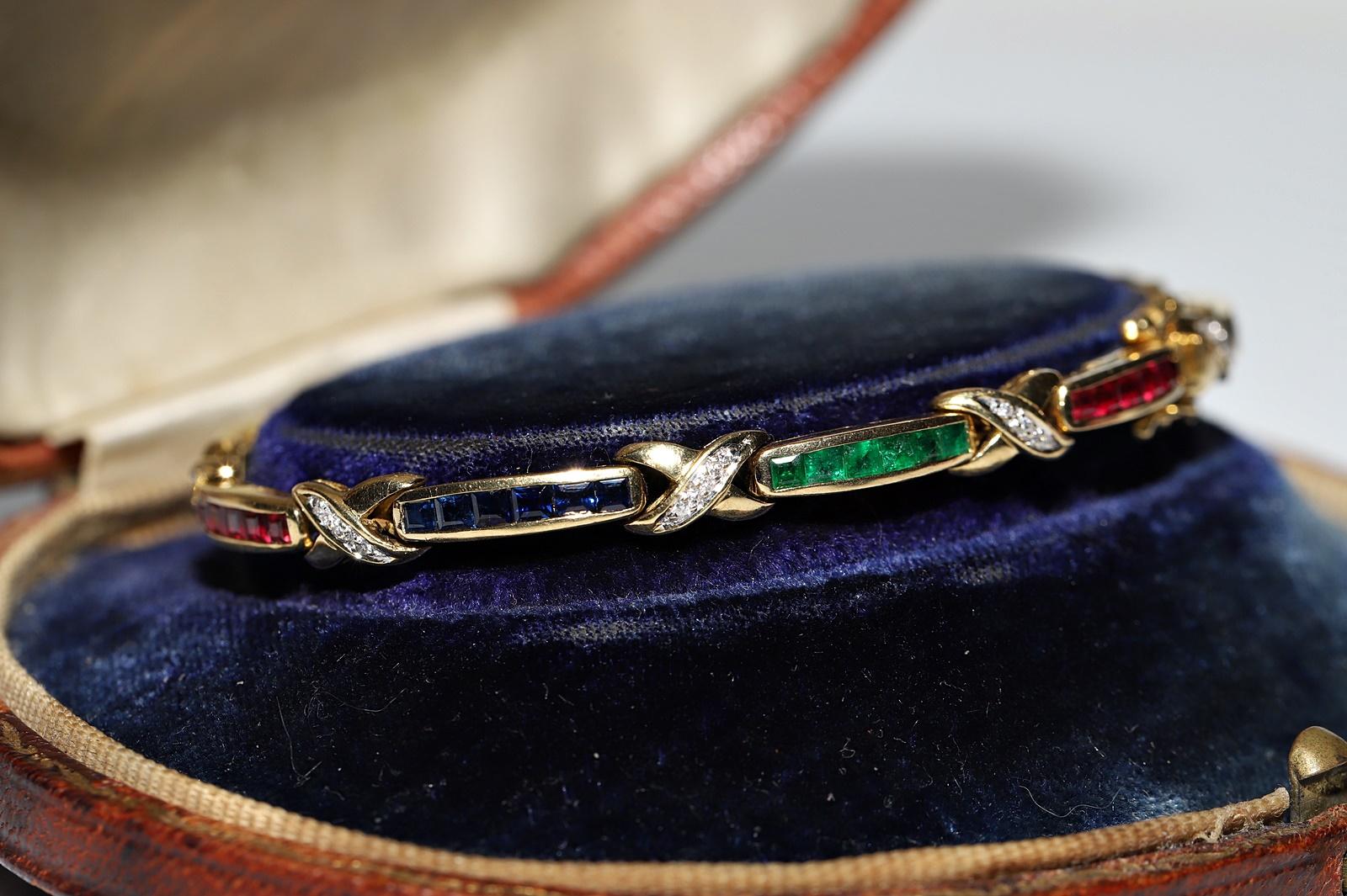 Brilliant Cut Vintage Circa 18k Gold Natural Diamond And Ruby Sapphire And Emerald Bracelet  For Sale
