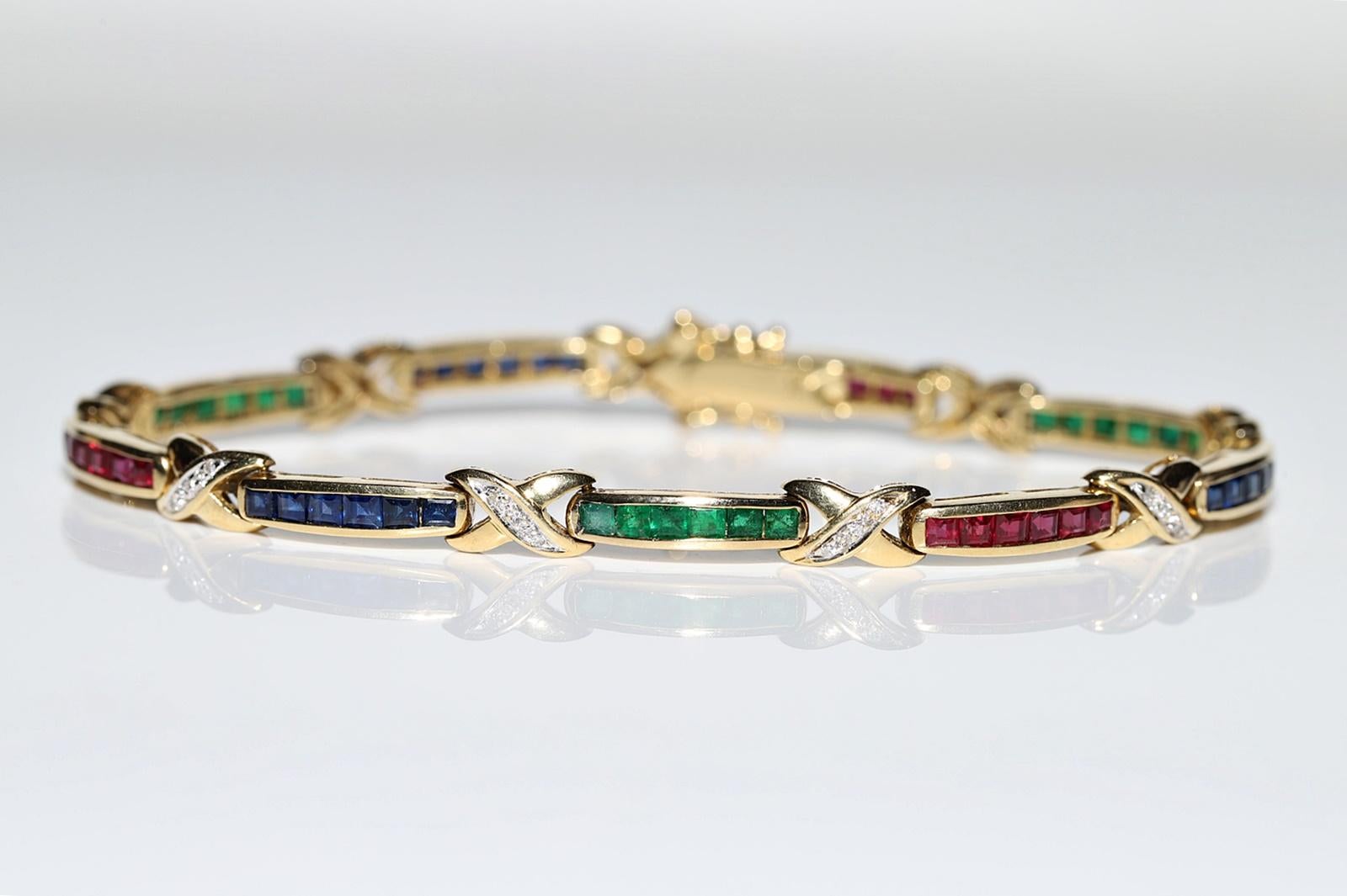 Women's or Men's Vintage Circa 18k Gold Natural Diamond And Ruby Sapphire And Emerald Bracelet  For Sale