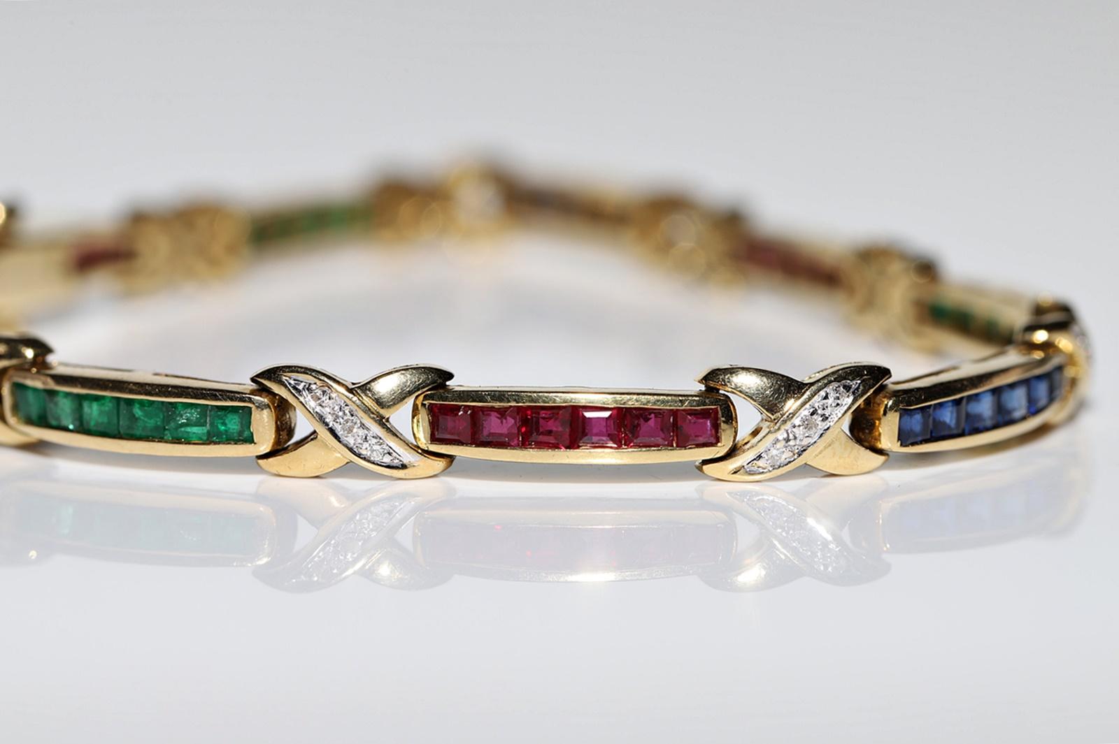 Vintage Circa 18k Gold Natural Diamond And Ruby Sapphire And Emerald Bracelet  For Sale 1