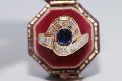 Vintage Circa 18k Gold Natural Diamond Baguette Cut Diamond And Sapphire Ring