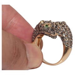 Vintage Circa 1990s 14k Gold Natural Diamond And Emerald Tiger Decorated Ring
