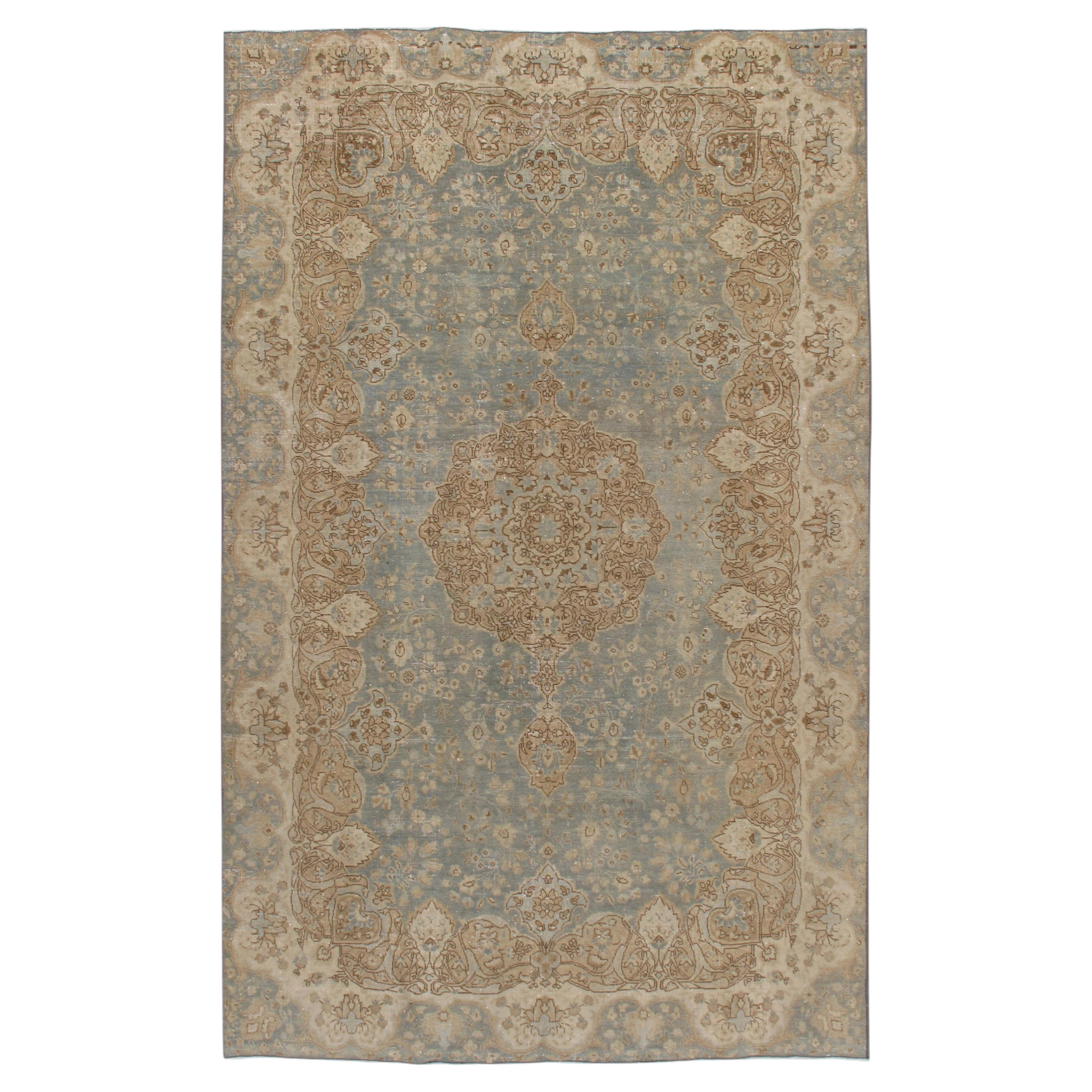 Vintage Circa 1920 Blue Subdued Distressed Tabriz Rug 6'5 X 10'2 For Sale