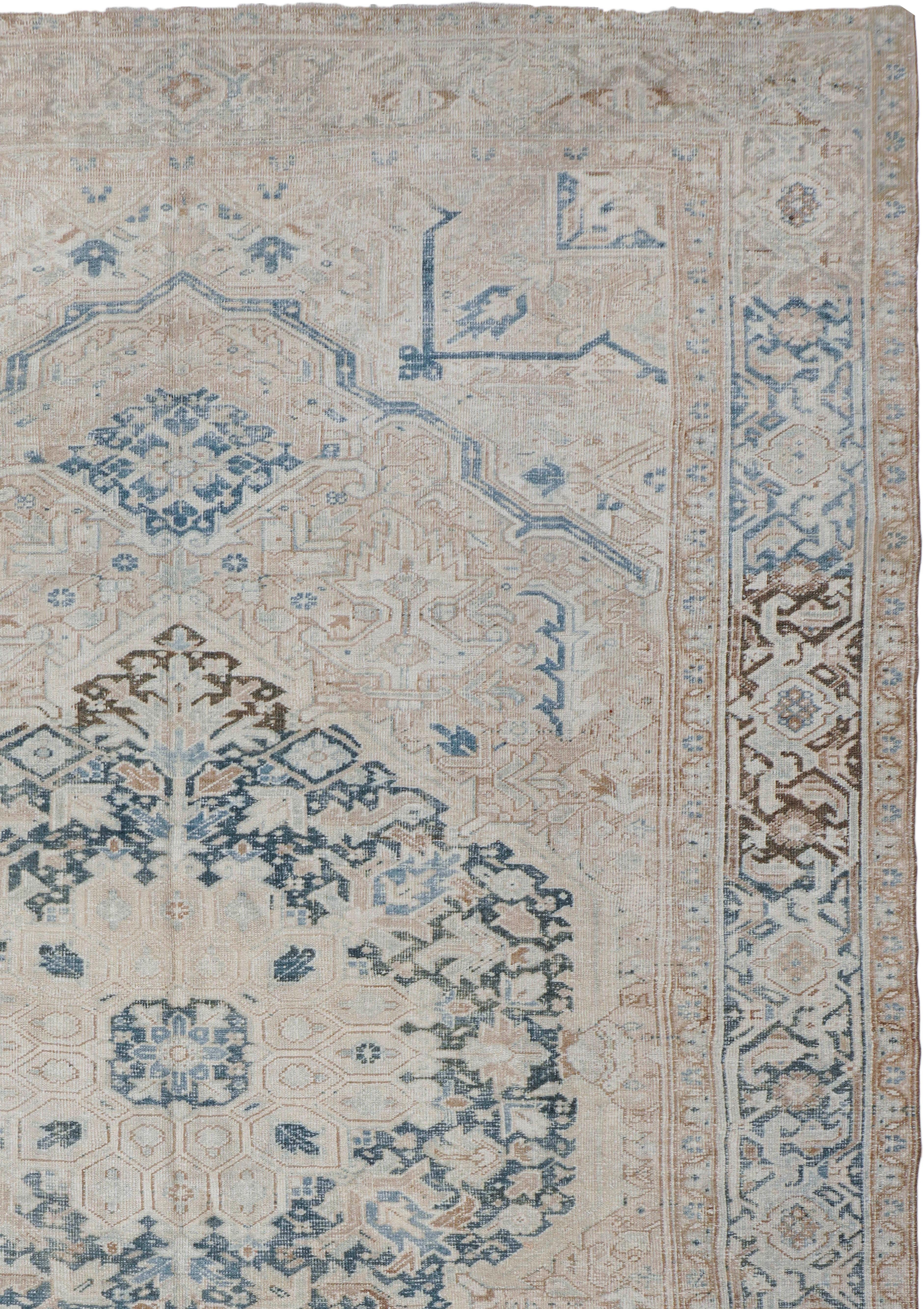 Persian Vintage Circa 1930 Beige Distressed Heriz Hand Woven Wool Rug, 9'4 X 13'8 For Sale
