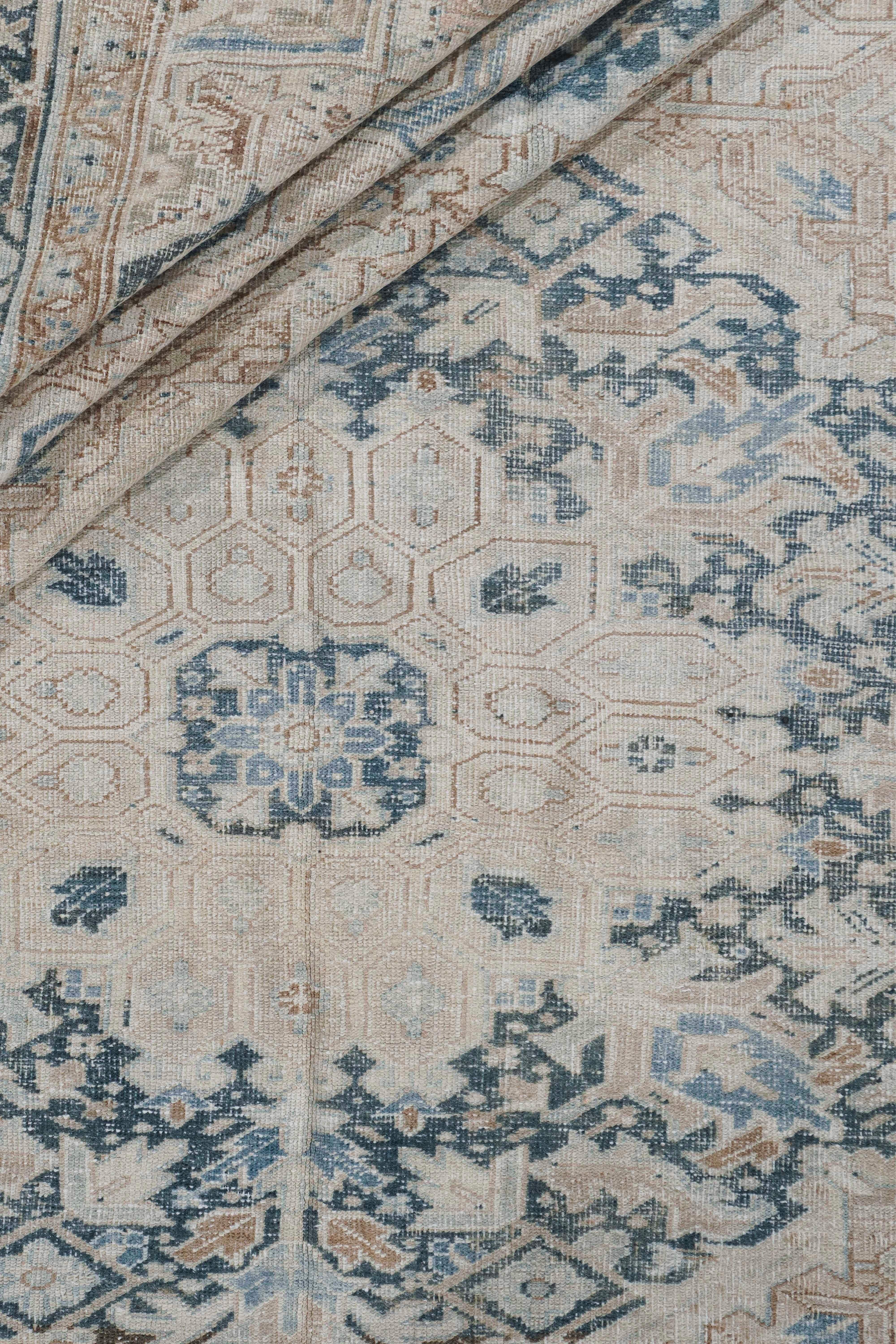 Hand-Woven Vintage Circa 1930 Beige Distressed Heriz Hand Woven Wool Rug, 9'4 X 13'8 For Sale