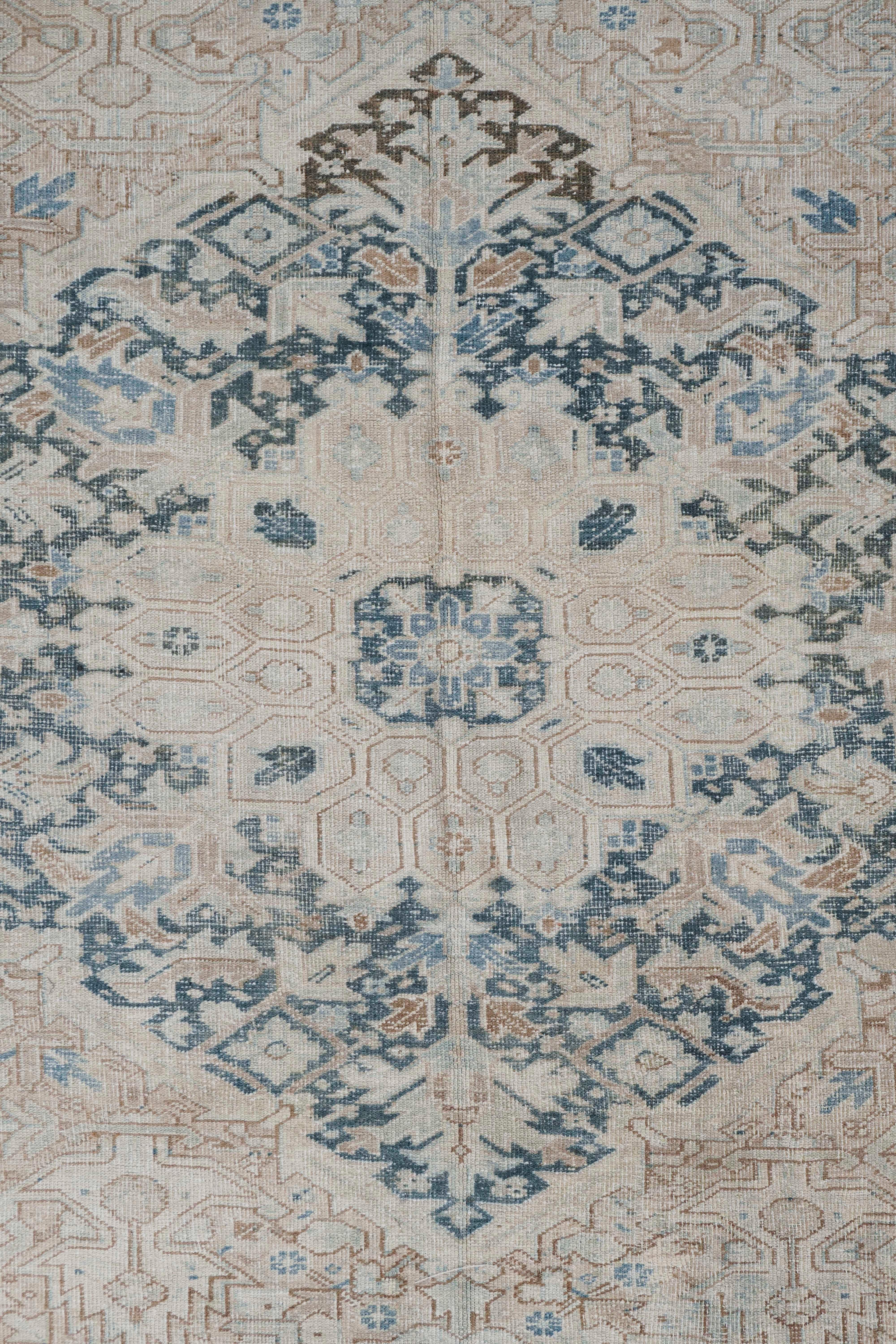 20th Century Vintage Circa 1930 Beige Distressed Heriz Hand Woven Wool Rug, 9'4 X 13'8 For Sale