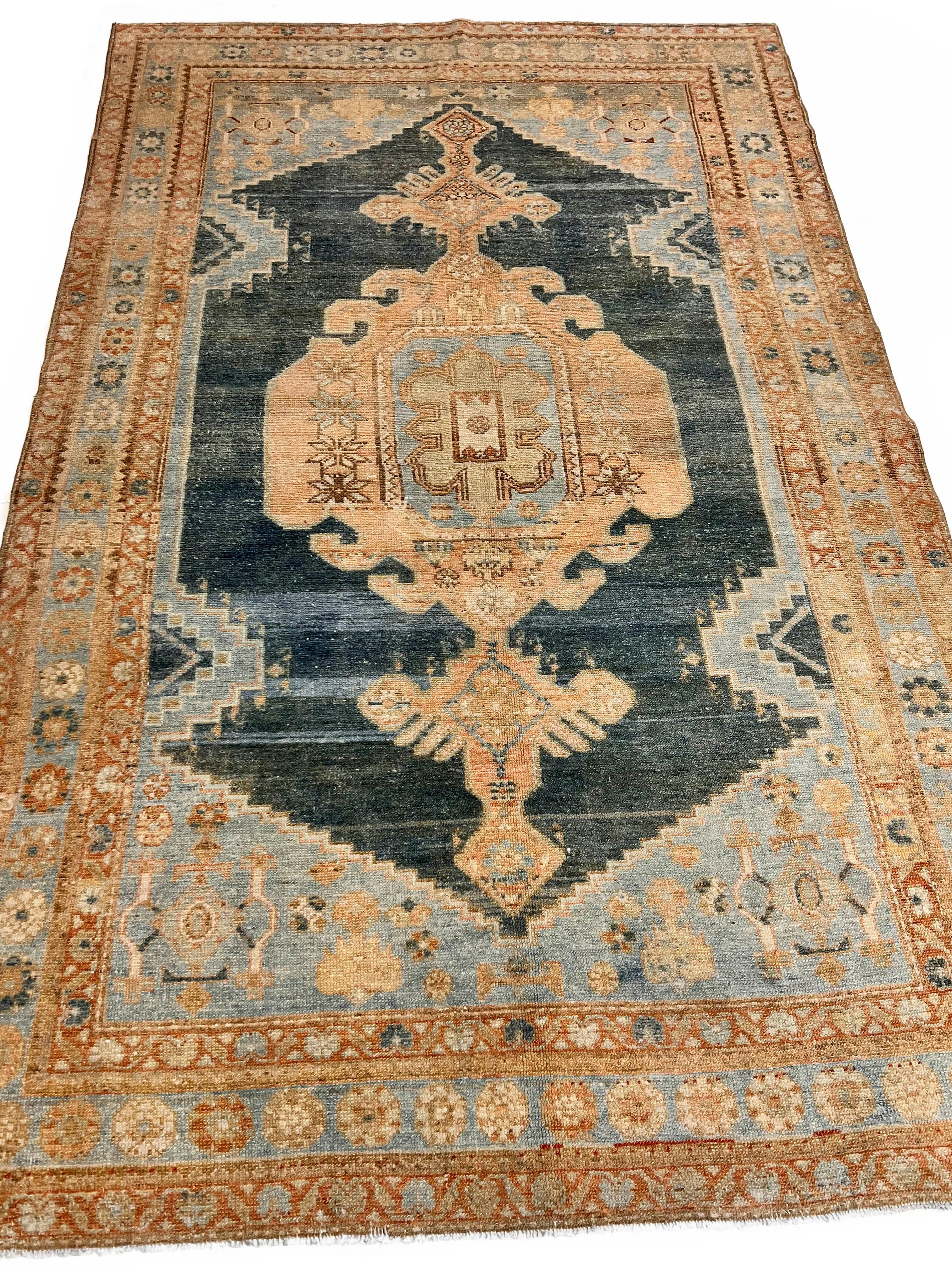 20th Century Vintage Circa 1930 Blue Persian Malayer Hand Knotted Rug For Sale