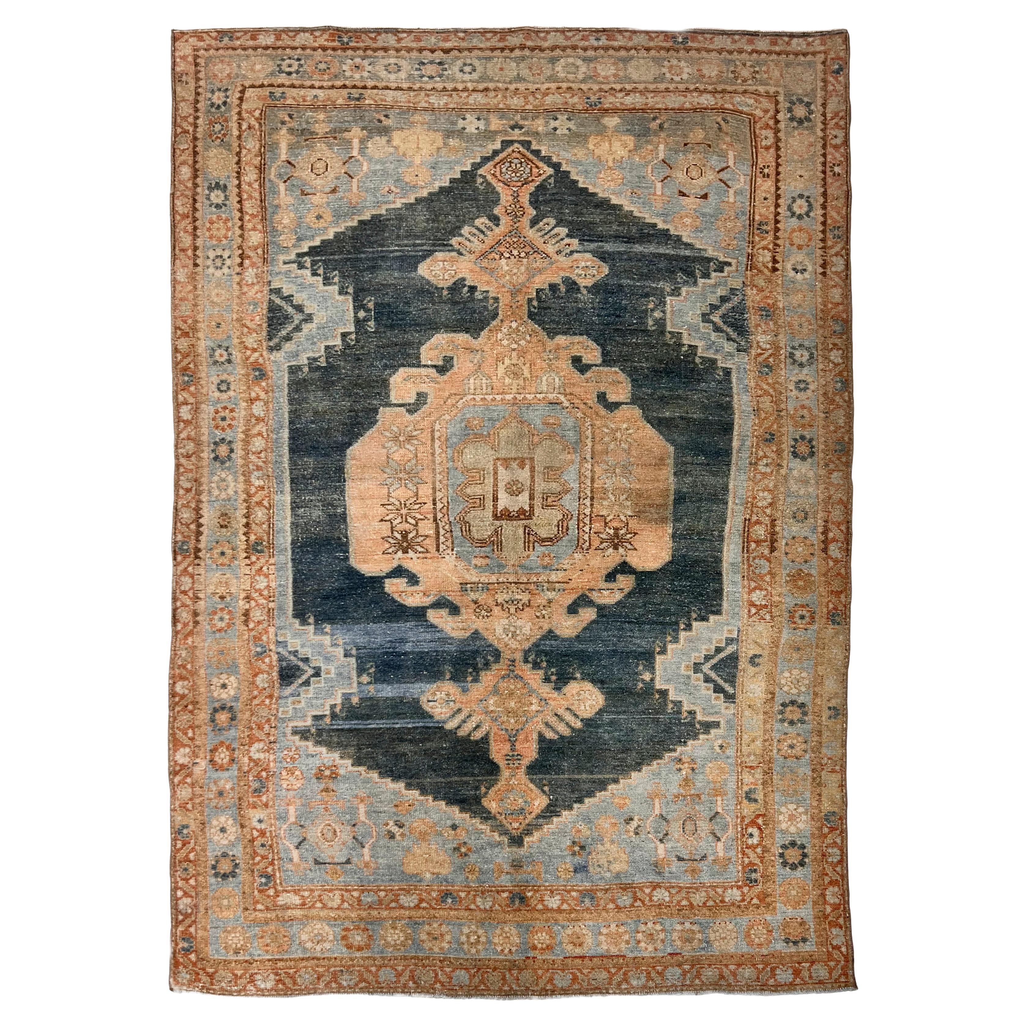 Vintage Circa 1930 Blue Persian Malayer Hand Knotted Rug