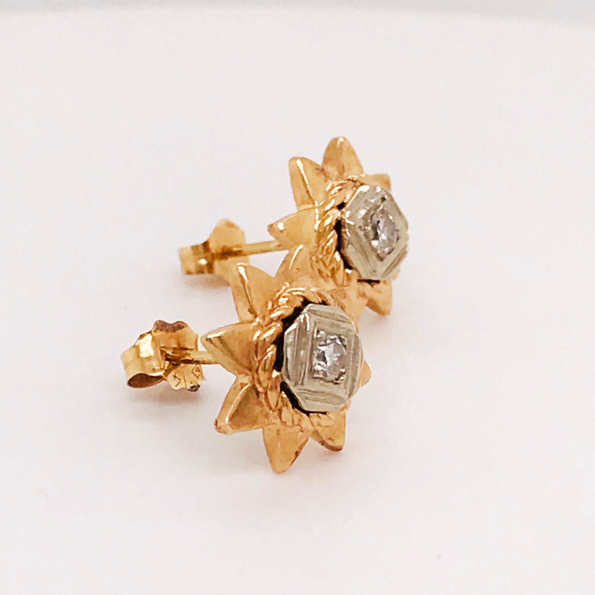 These estate vintage sun diamond earring studs are too cute! With a round diamond set in a white gold setting and a yellow gold sun frame around it. The studs are 10 mm wide which is a perfect size for everyday wear. The can be casual and dressed