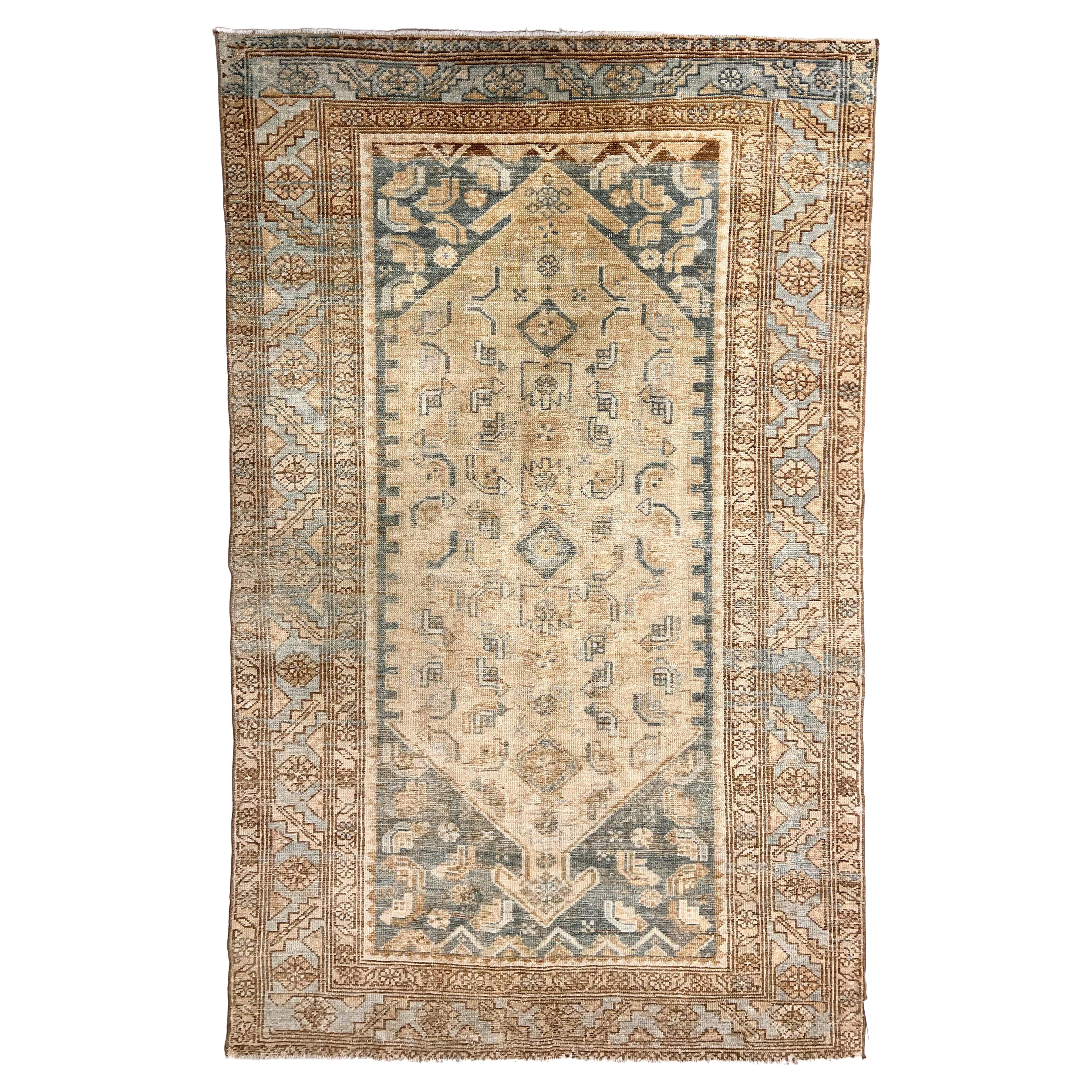 Vintage Circa 1930 Taupe Lightly Distressed Malayer Hand Knotted Rug 3'8 X 6'1