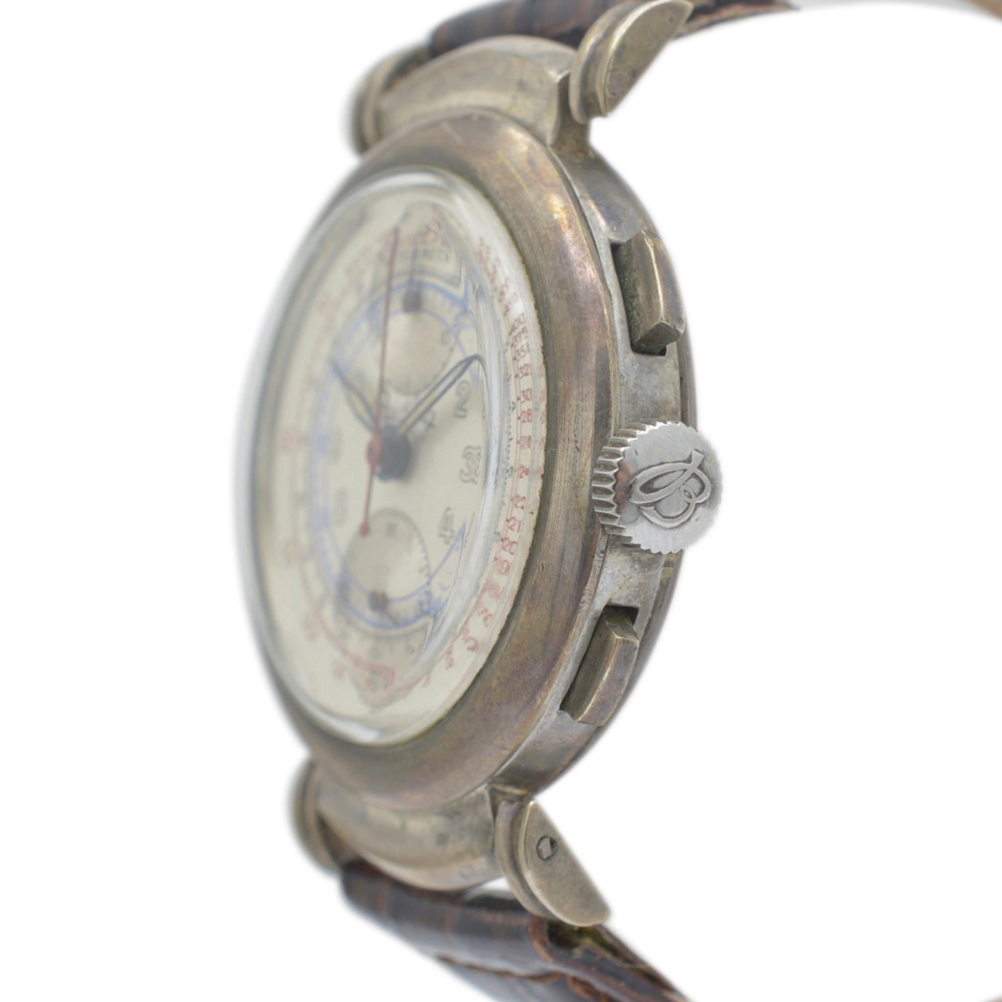 Vintage Circa 1930's Breitling Mobile Lug Chronograph 38MM Silver Watch Bon état - En vente à Houston, TX